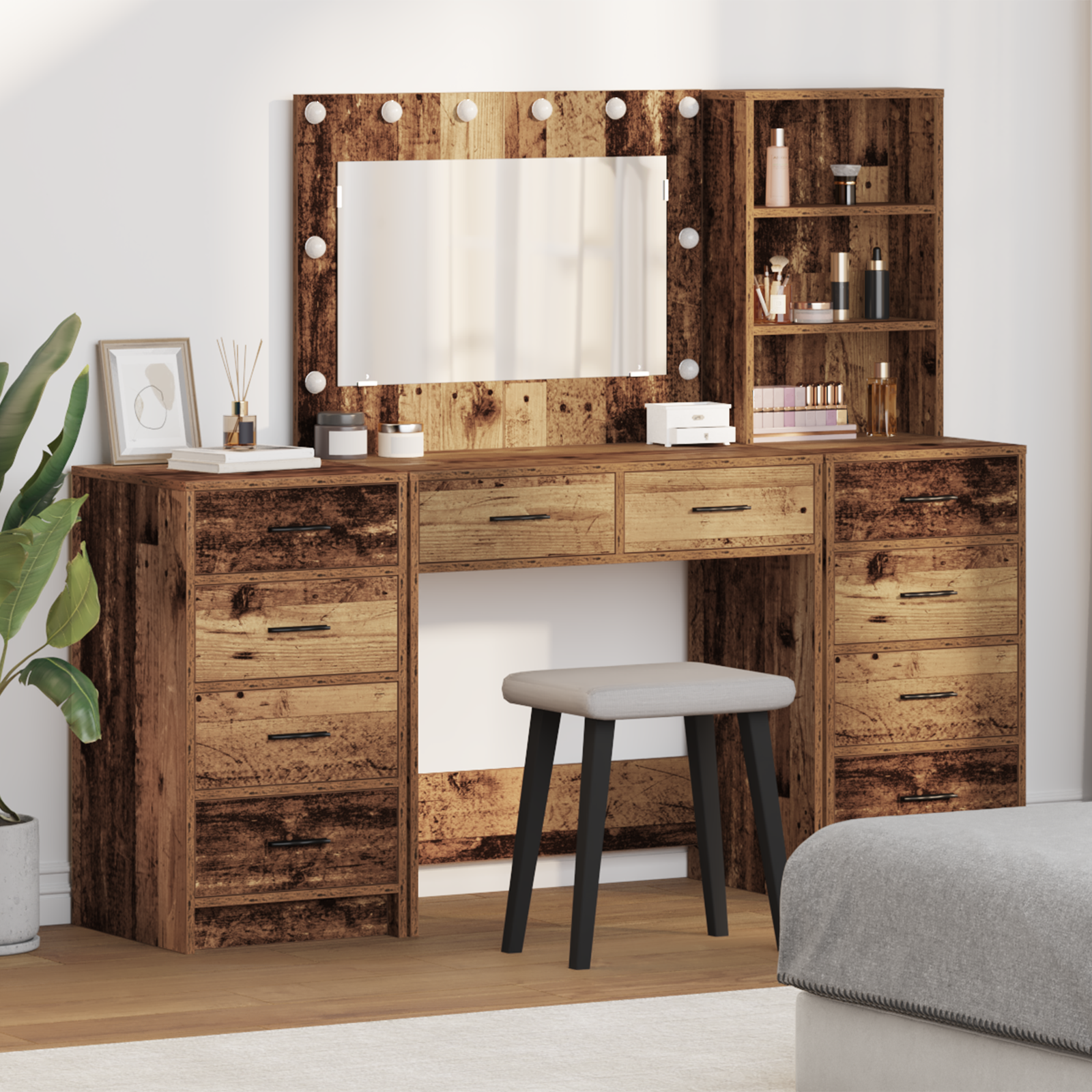 3 Piece Dressing Table Set with LED Old Wood Engineered Wood