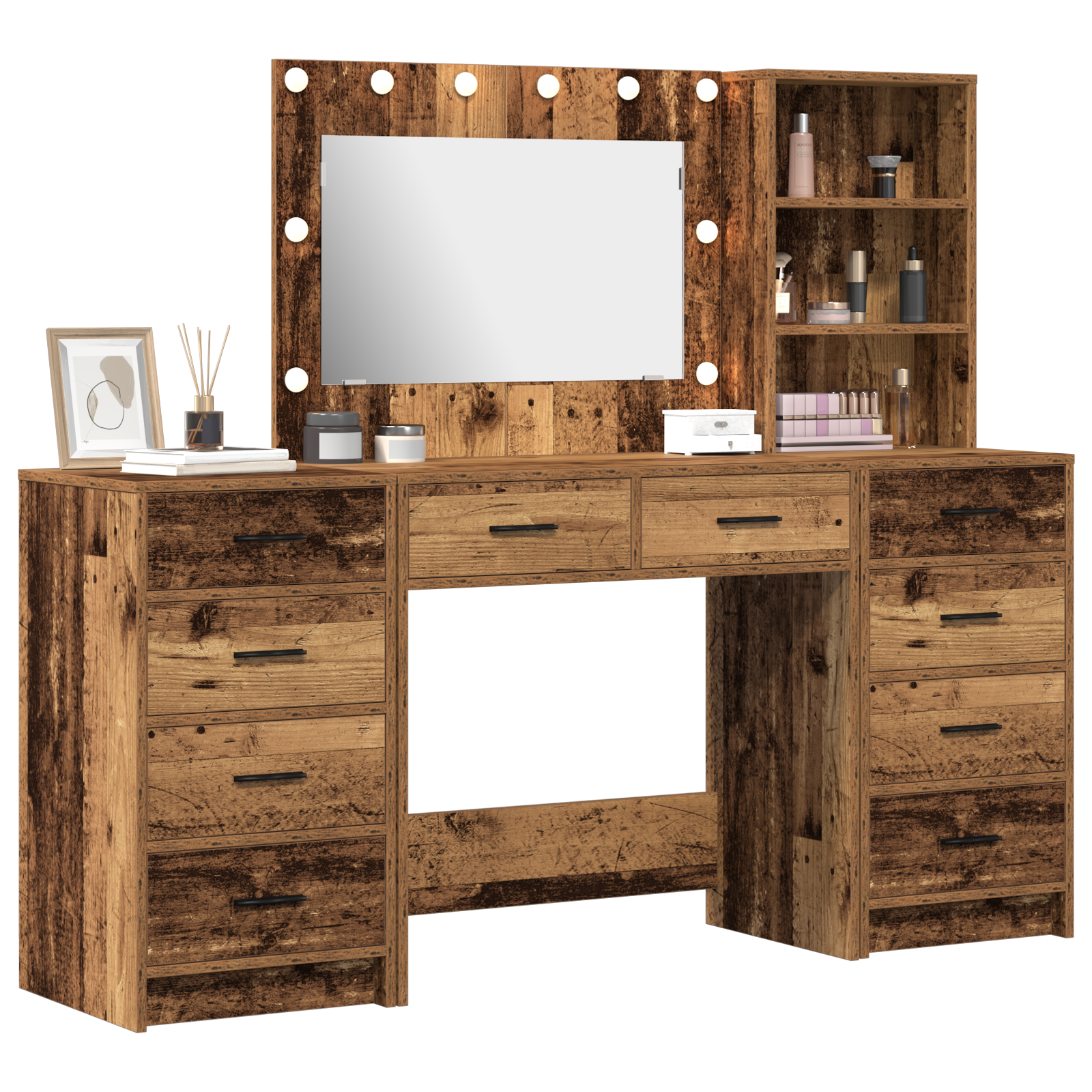 3 Piece Dressing Table Set with LED Old Wood Engineered Wood - Image 3