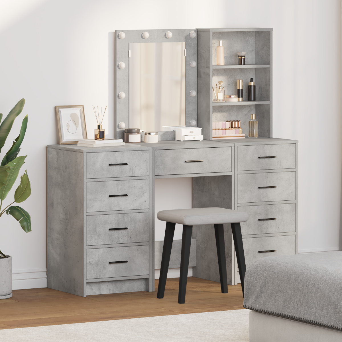 3-Piece Dressing Table Set with LED - Concrete Grey Engineered Wood