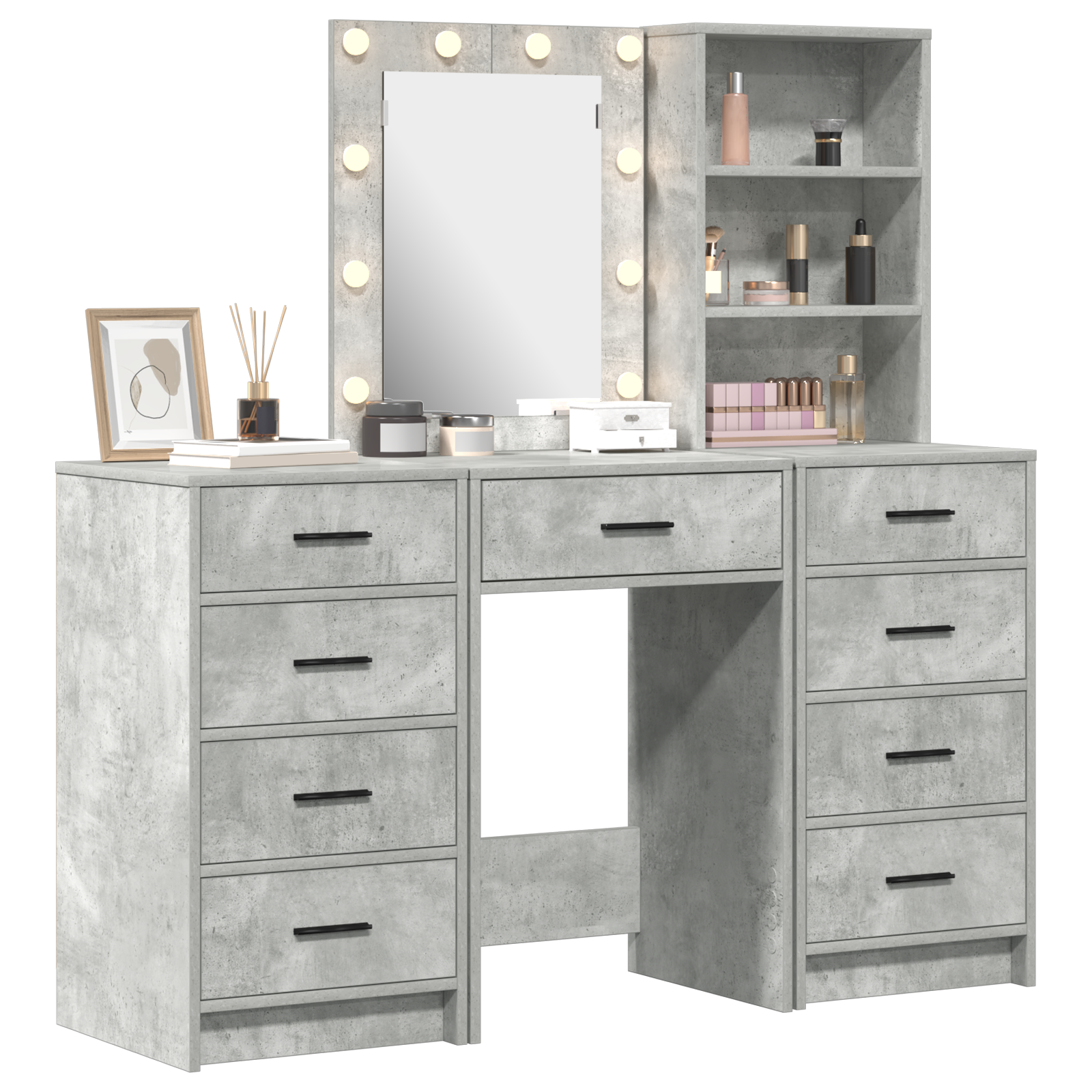 3-Piece Dressing Table Set with LED - Concrete Grey Engineered Wood - Image 3