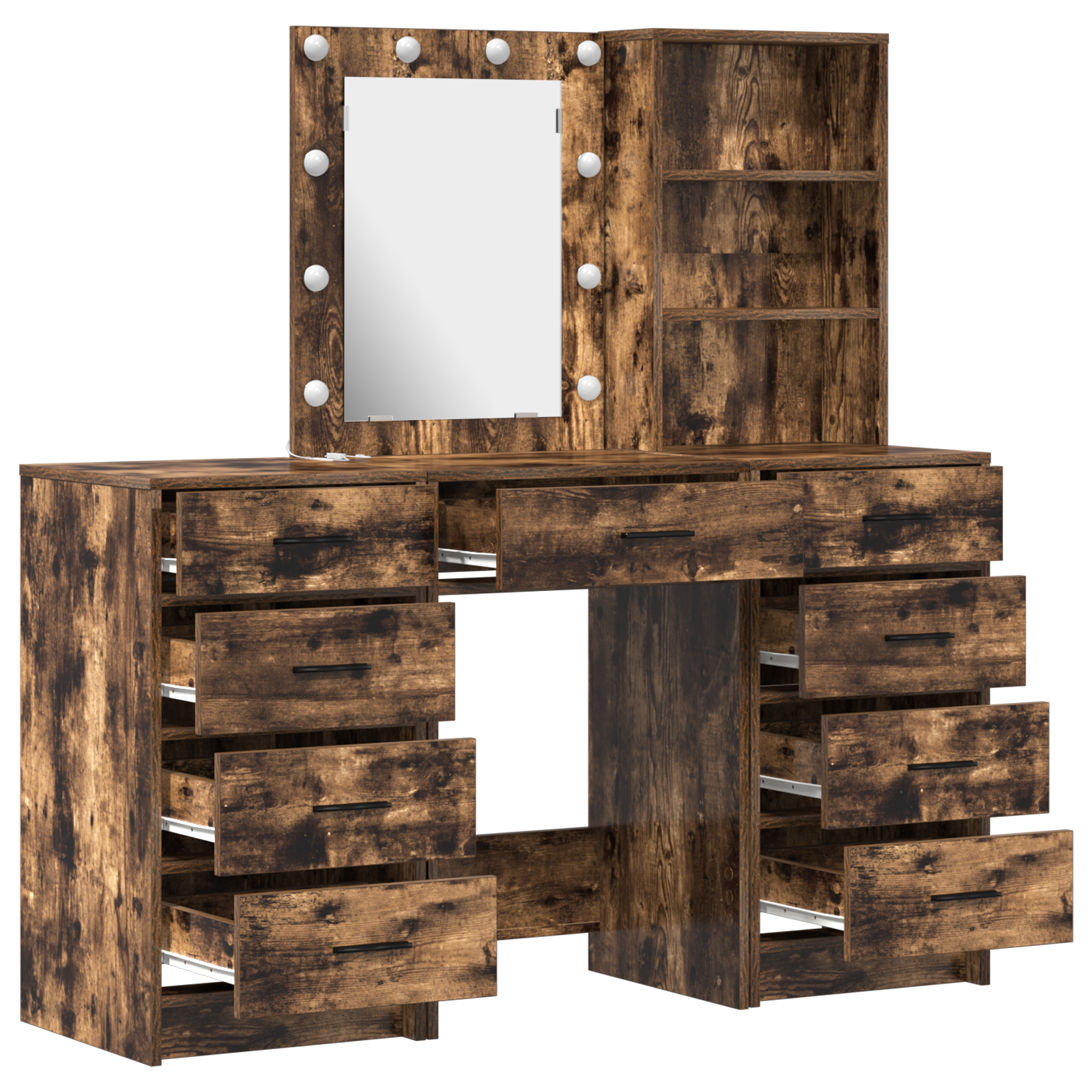 3-Piece Dressing Table Set with LED in Smoked Oak Engineered Wood - Image 7