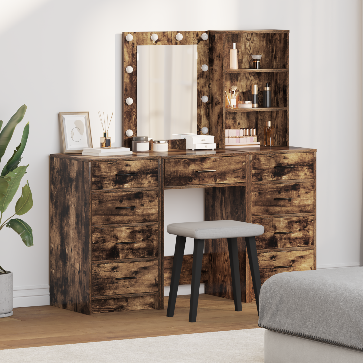3-Piece Dressing Table Set with LED in Smoked Oak Engineered Wood