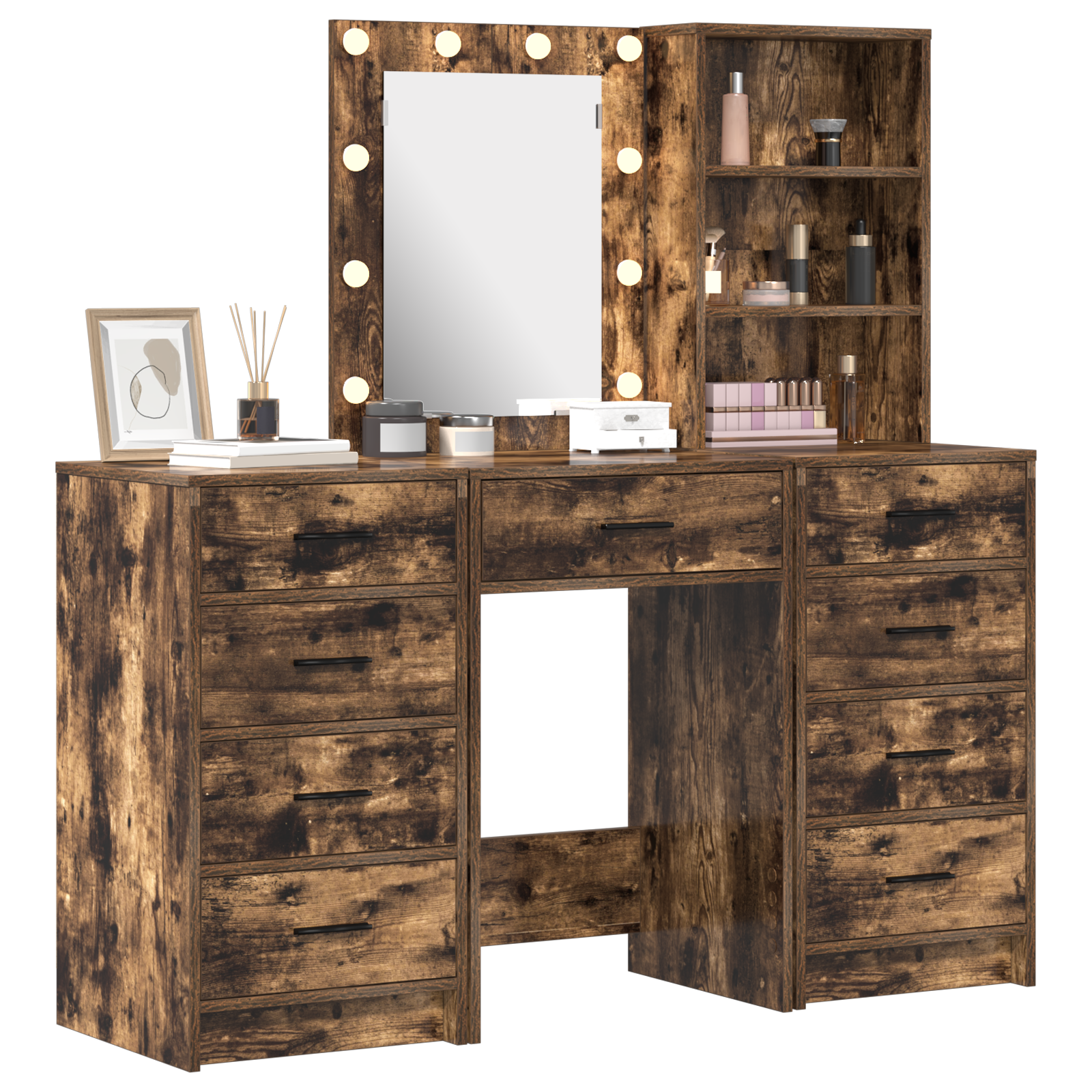 3-Piece Dressing Table Set with LED in Smoked Oak Engineered Wood - Image 3
