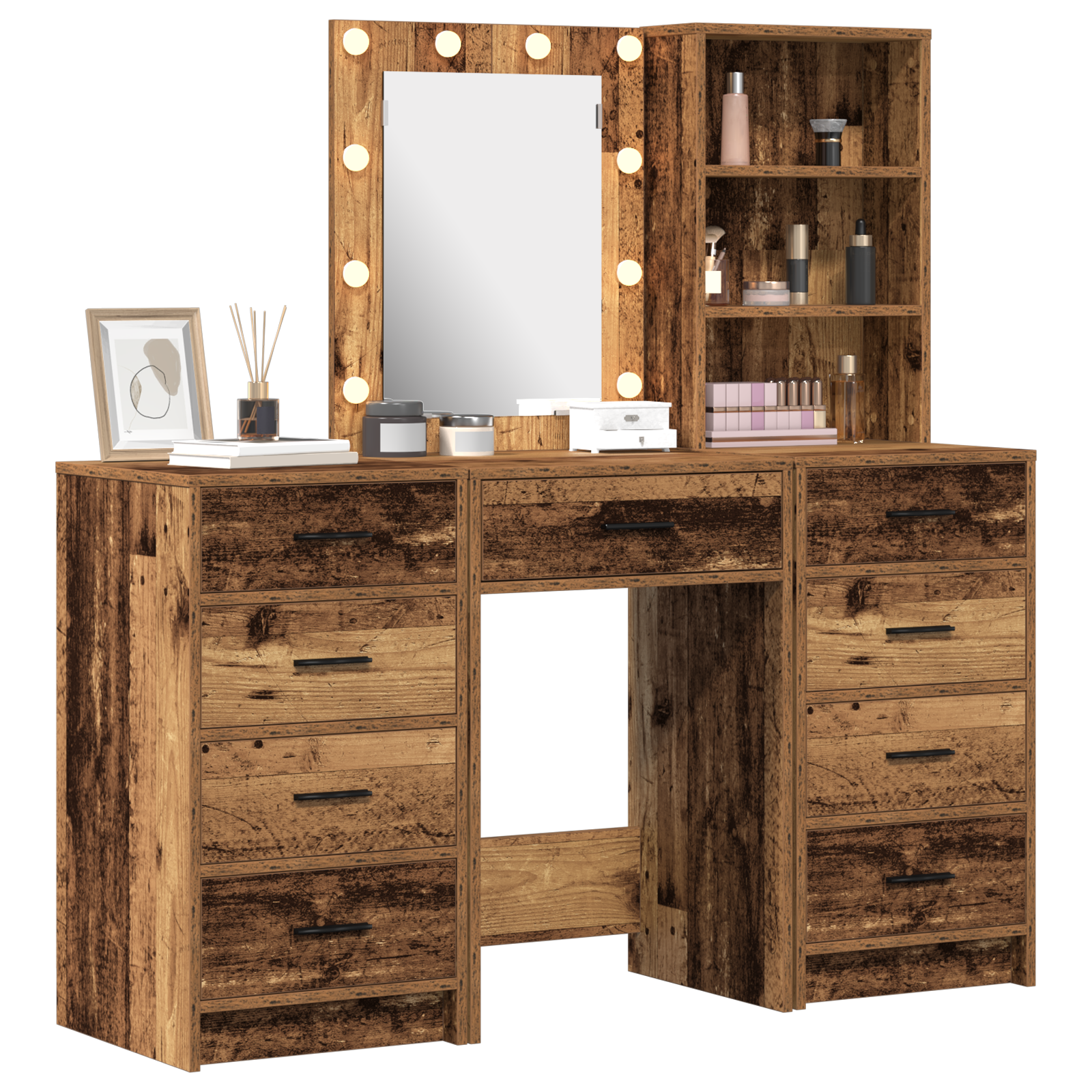 3-Piece Dressing Table Set with LED in Old Wood Finish - Image 3