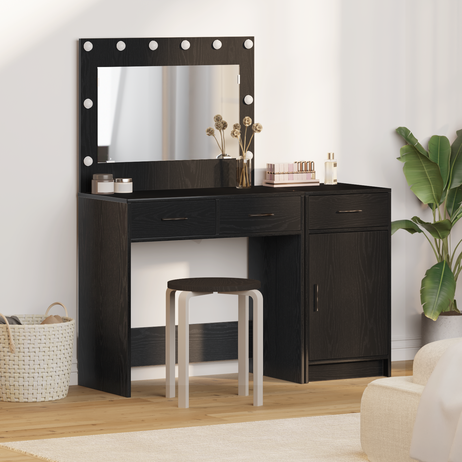 2-Piece Dressing Table Set with LED - Black Engineered Wood