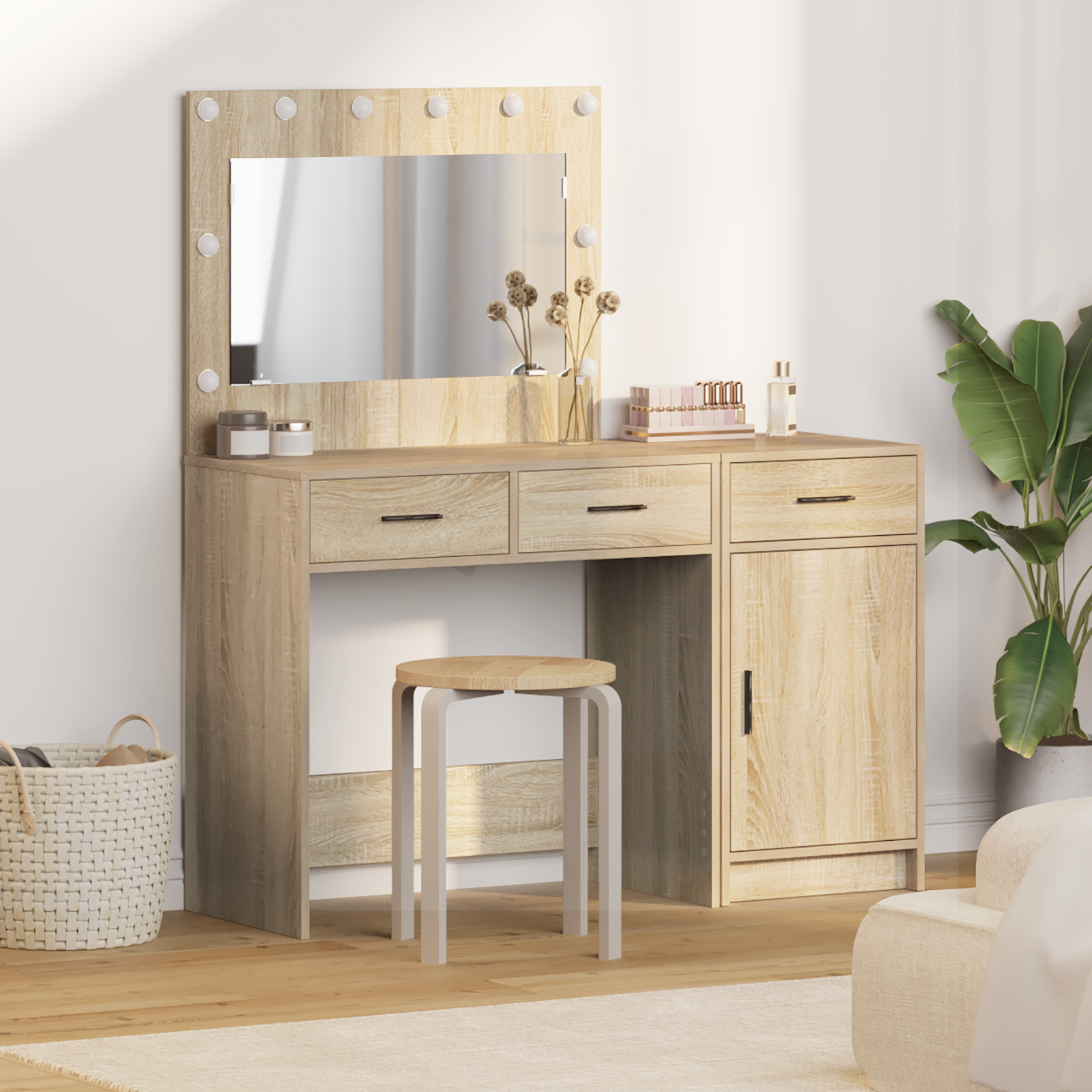 2-Piece Dressing Table Set with LED in Sonoma Oak Engineered Wood