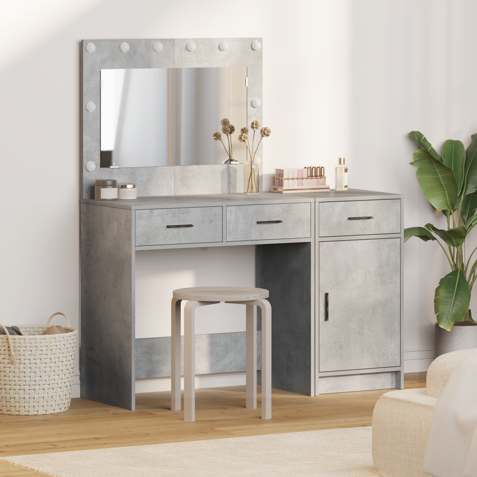 2-Piece Dressing Table Set with LED in Concrete Grey Made from Engineered Wood
