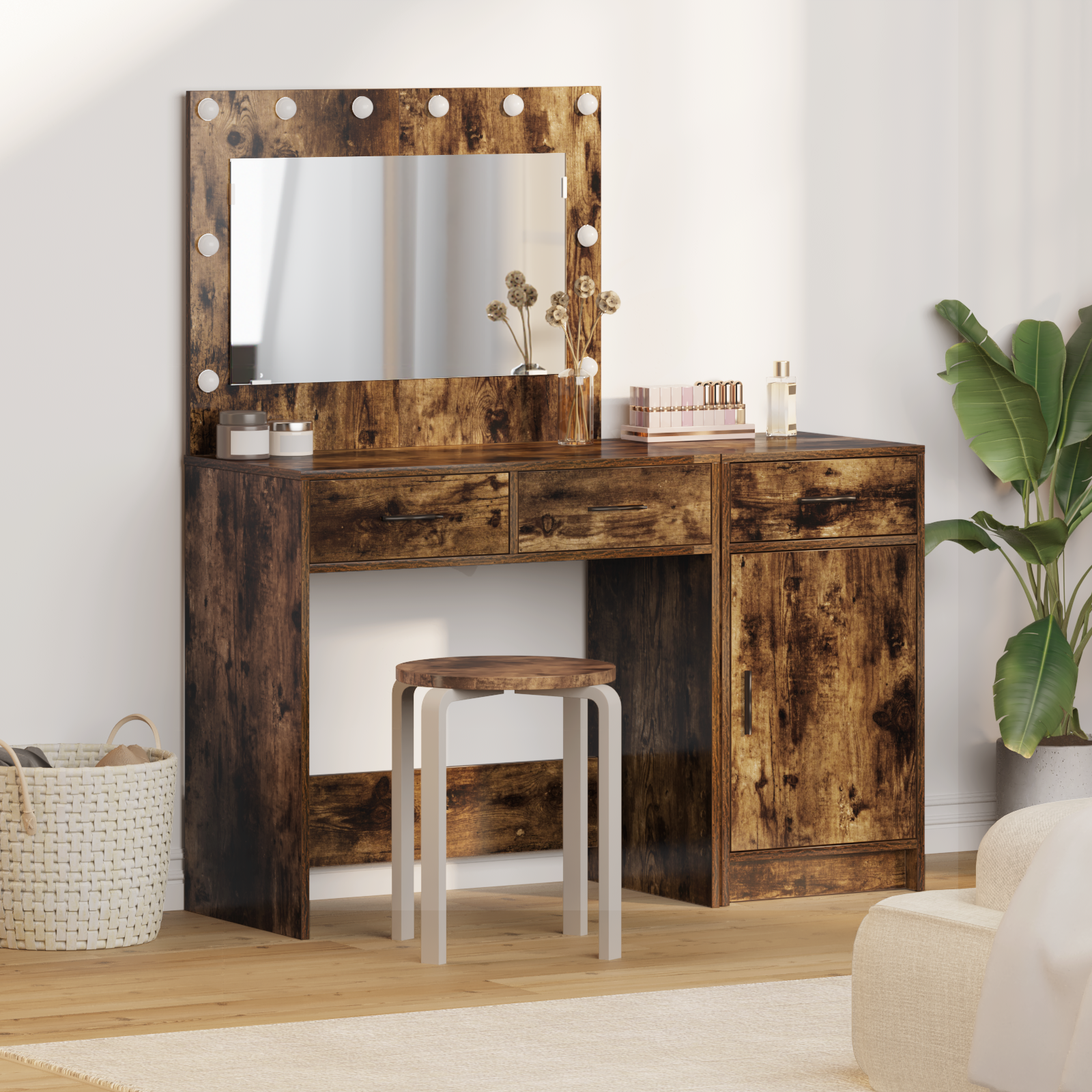 2 Piece Dressing Table Set with LED Smoked Oak Engineered Wood