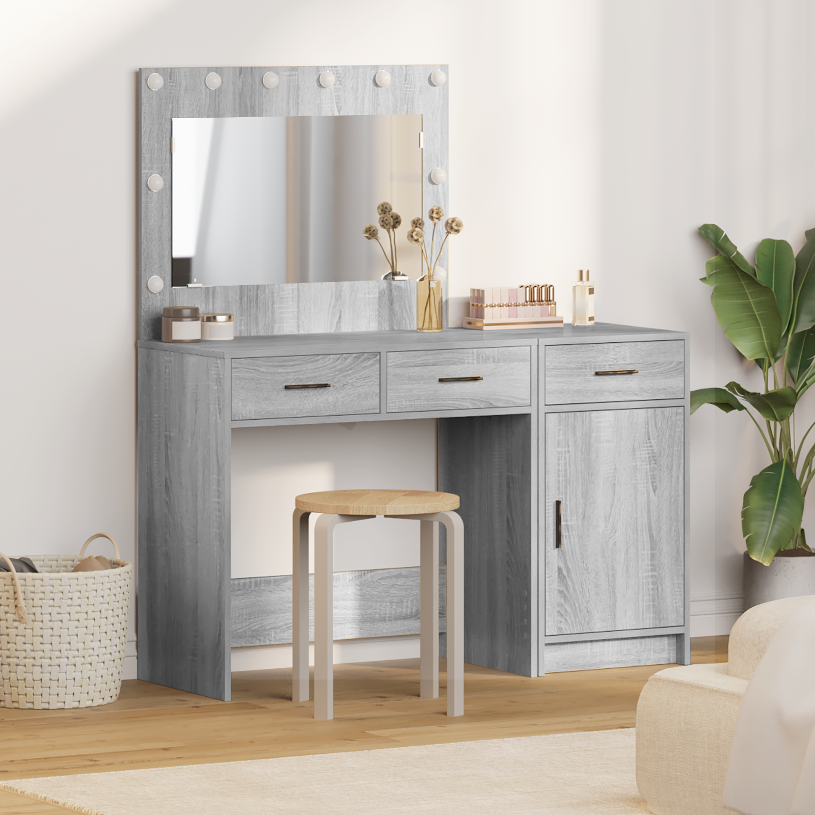 2-Piece Dressing Table Set with LED - Grey Sonoma Engineered Wood