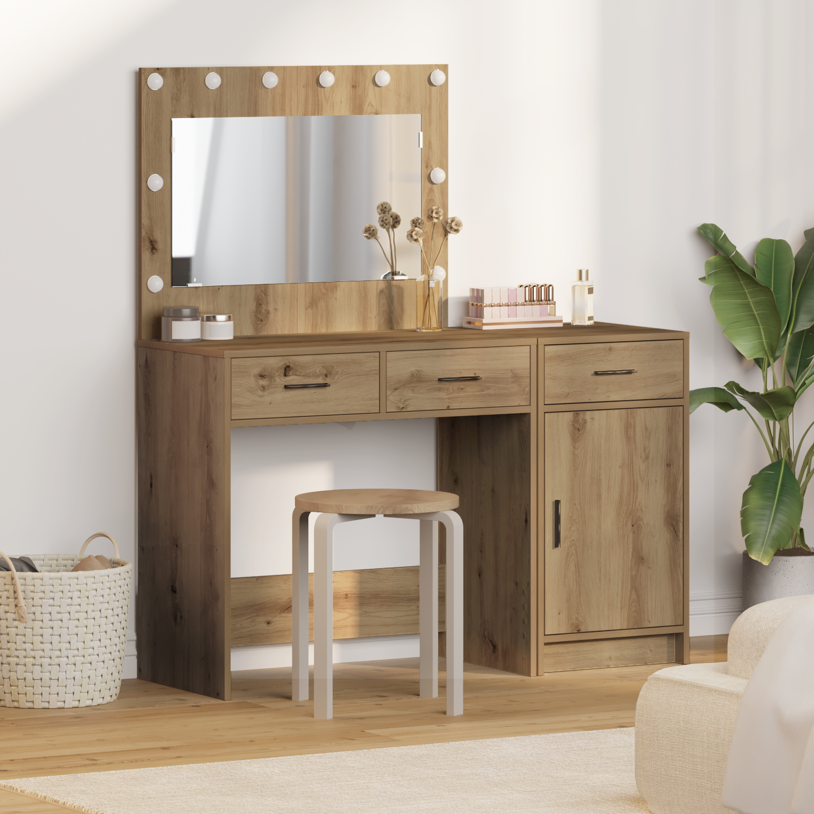 2-Piece Dressing Table Set with LED - Artisan Oak Engineered Wood