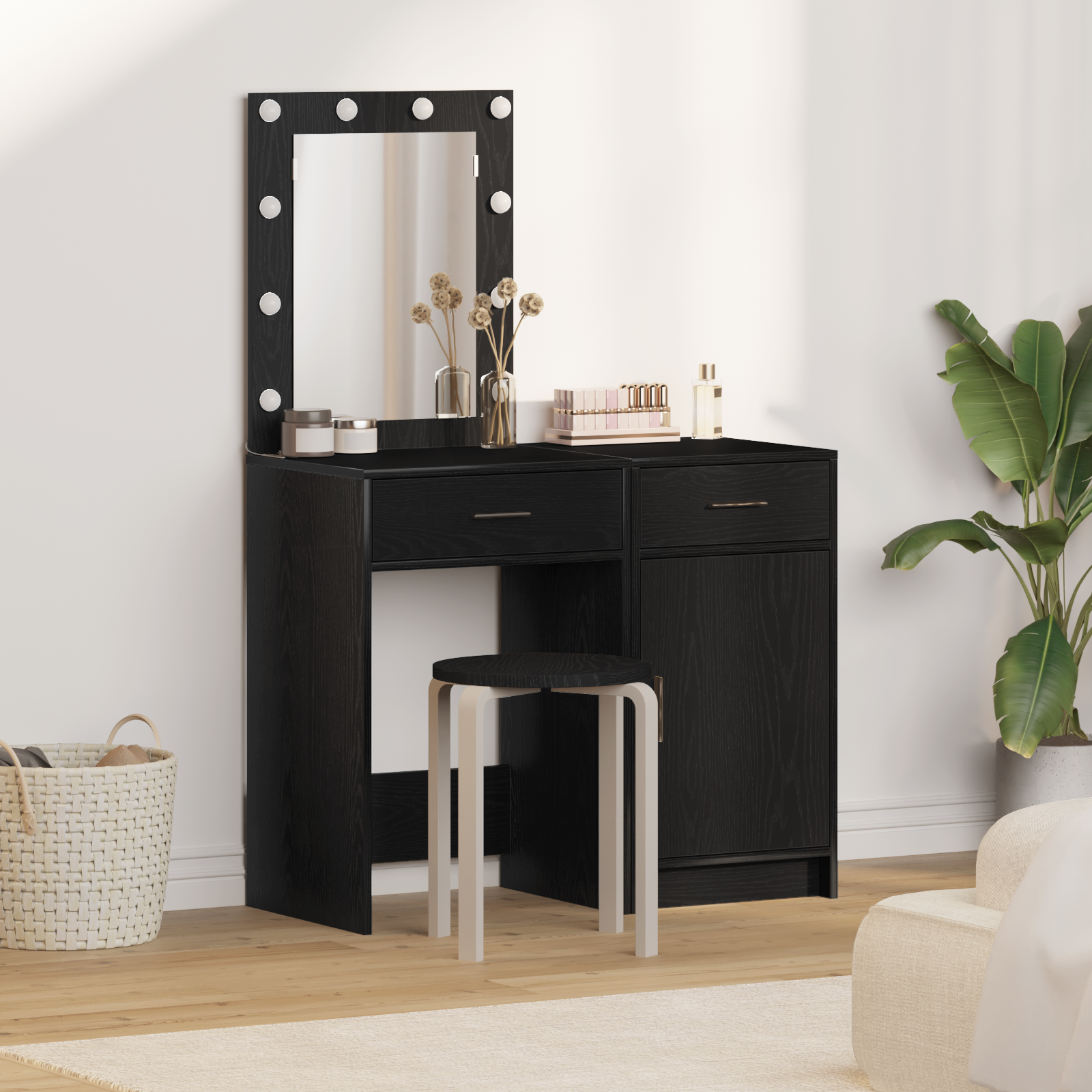 2 Piece Dressing Table Set with LED Black Engineered Wood