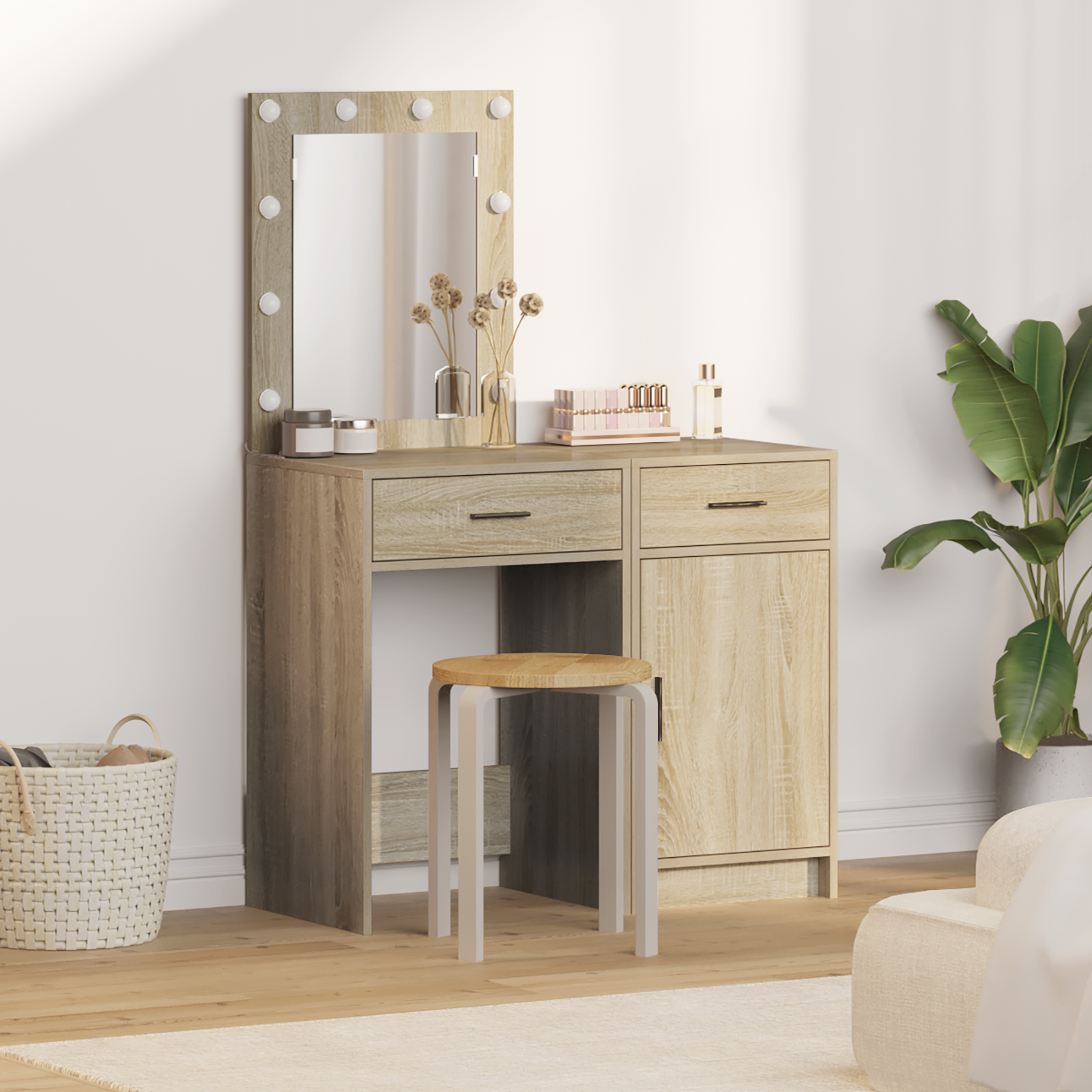 2-Piece Dressing Table Set with LED in Sonoma Oak Engineered Wood