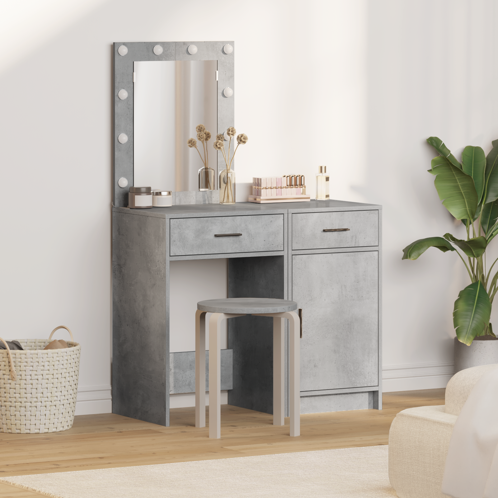 2-Piece Dressing Table Set with LED in Concrete Grey Engineered Wood
