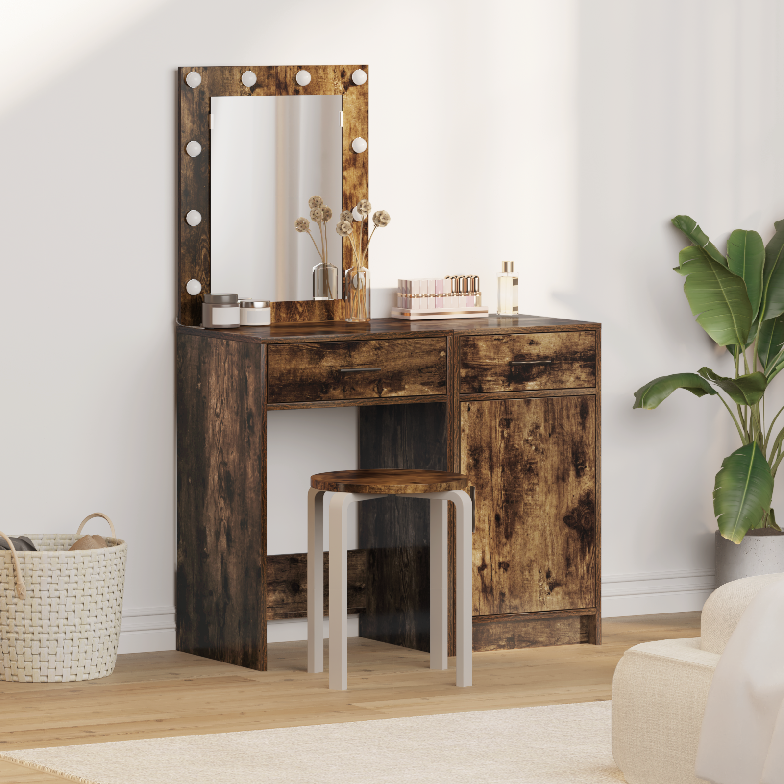 2 Piece Dressing Table Set with LED in Smoked Oak Engineered Wood