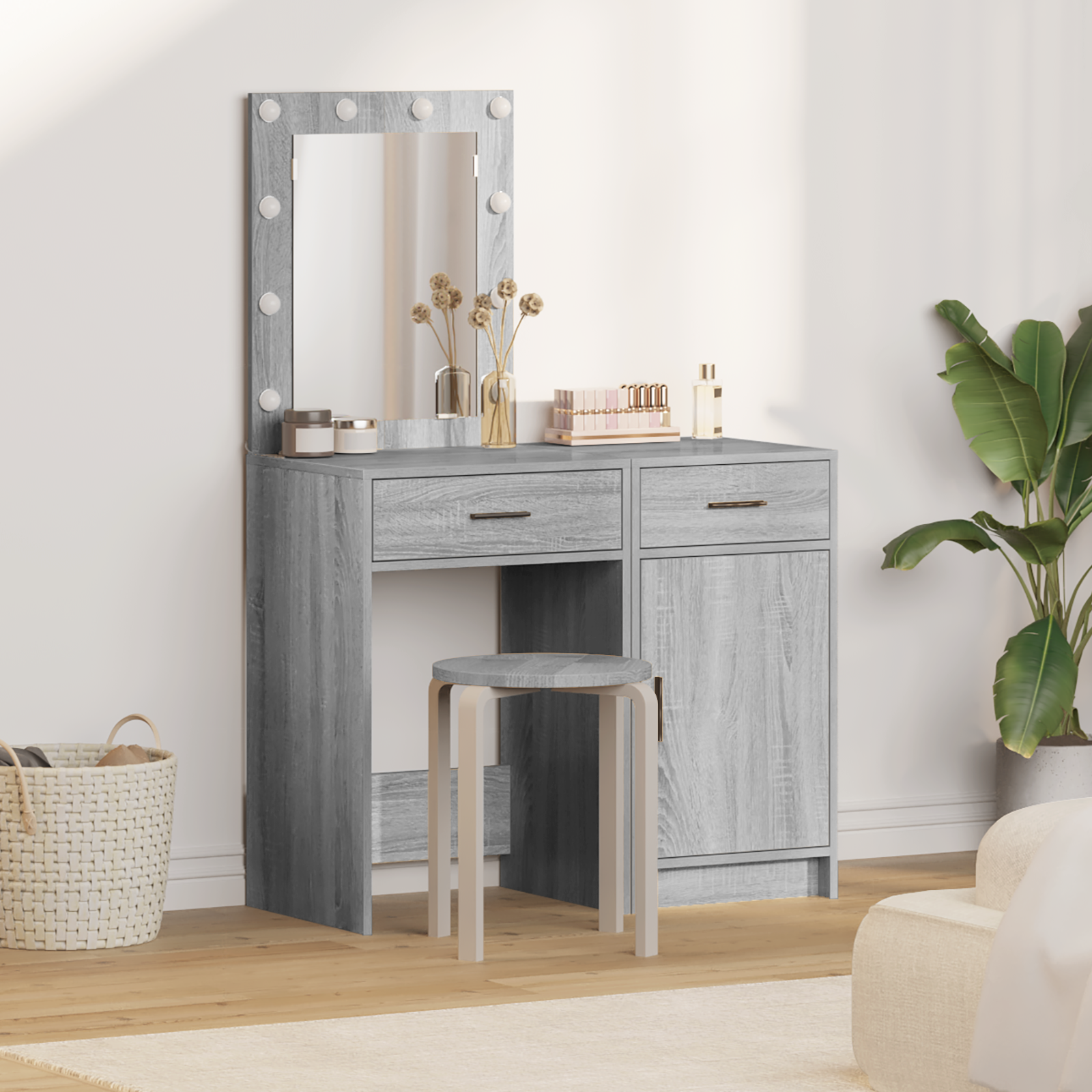 2-Piece Dressing Table Set with LED in Grey Sonoma Engineered Wood