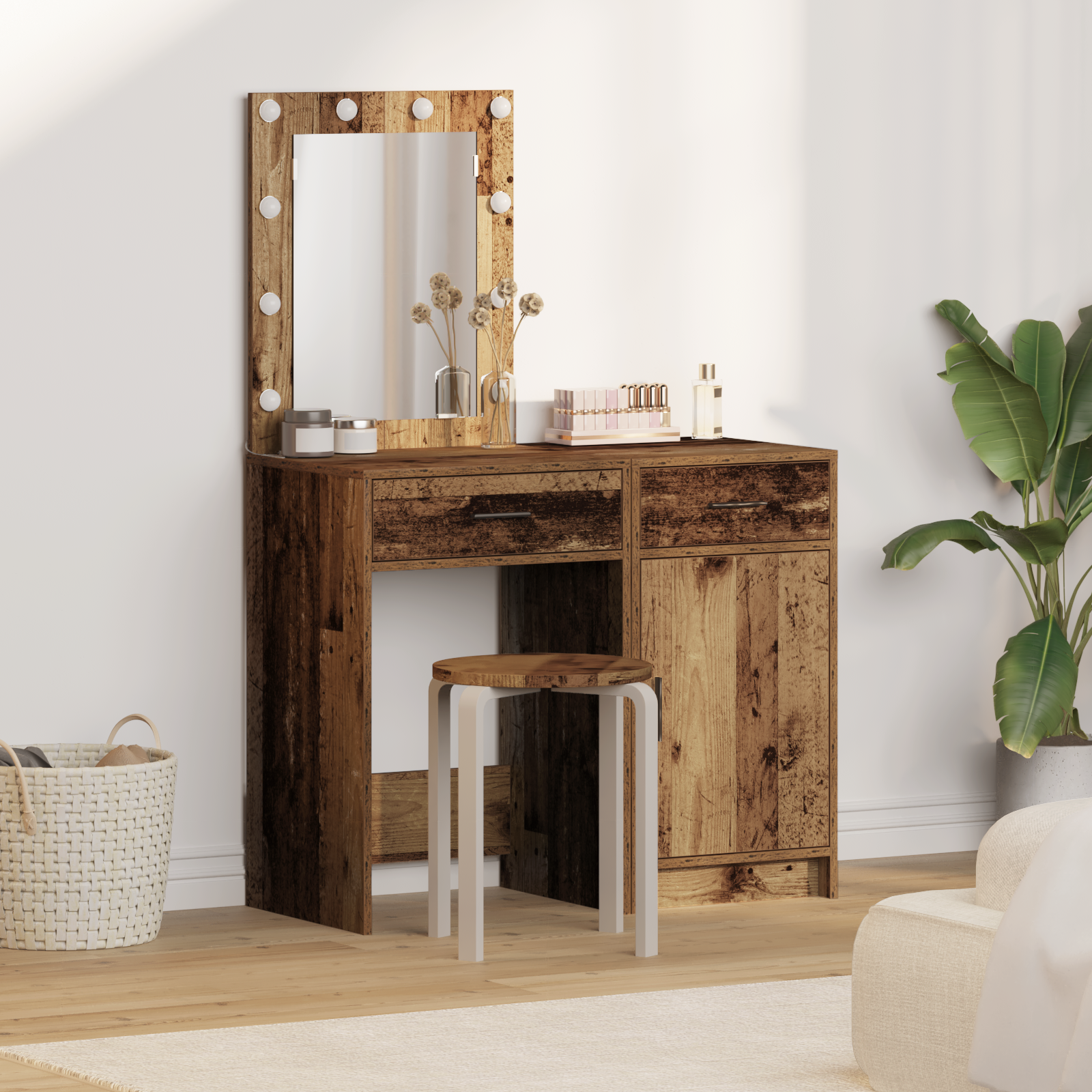 2-Piece Dressing Table Set with LED in Old Wood Finish