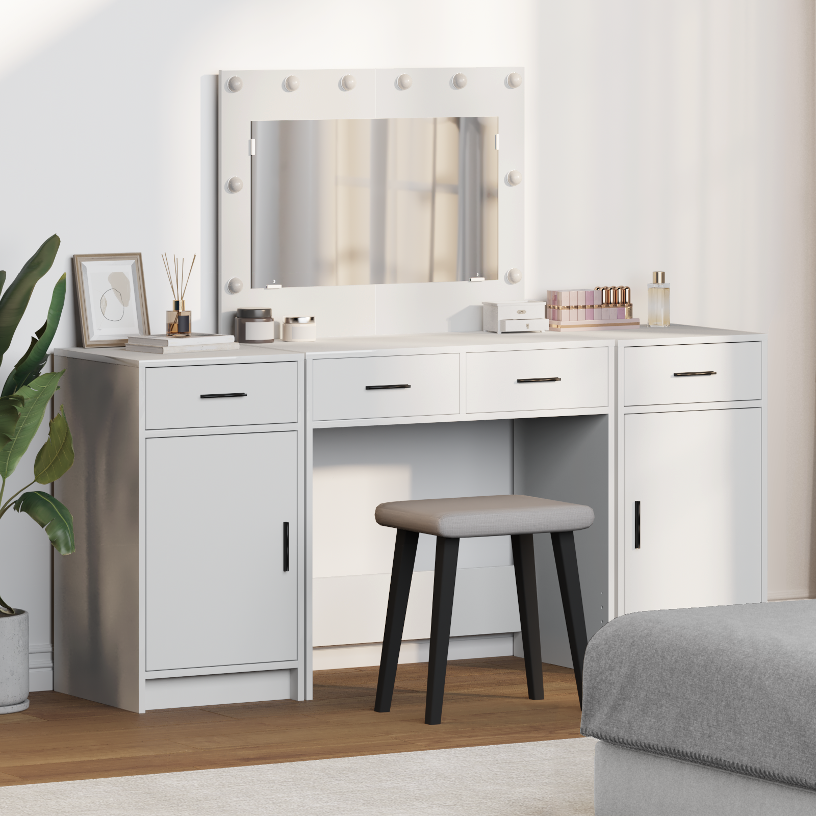 3-Piece Dressing Table Set with LED, White Engineered Wood