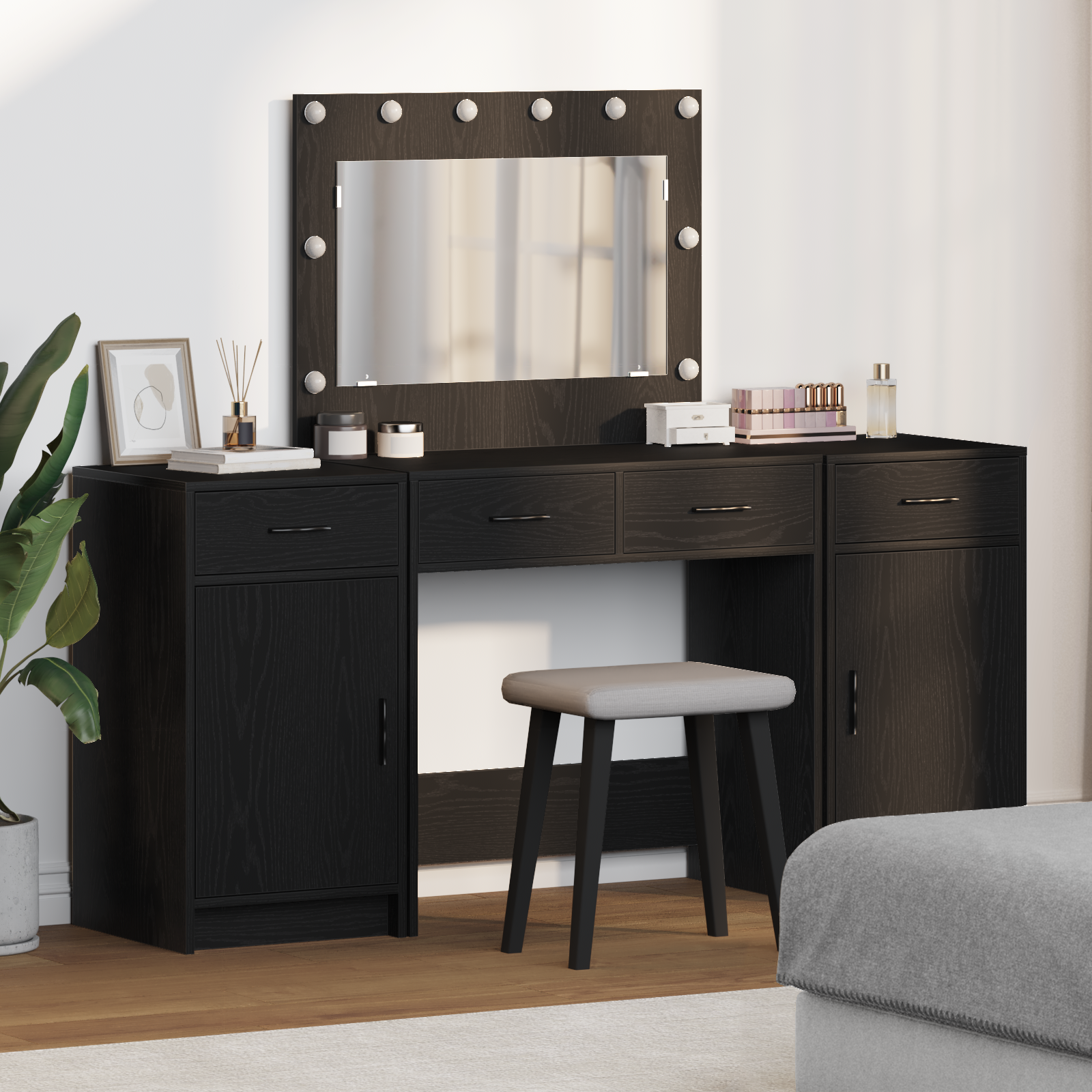 3-Piece Dressing Table Set with LED in Black Engineered Wood