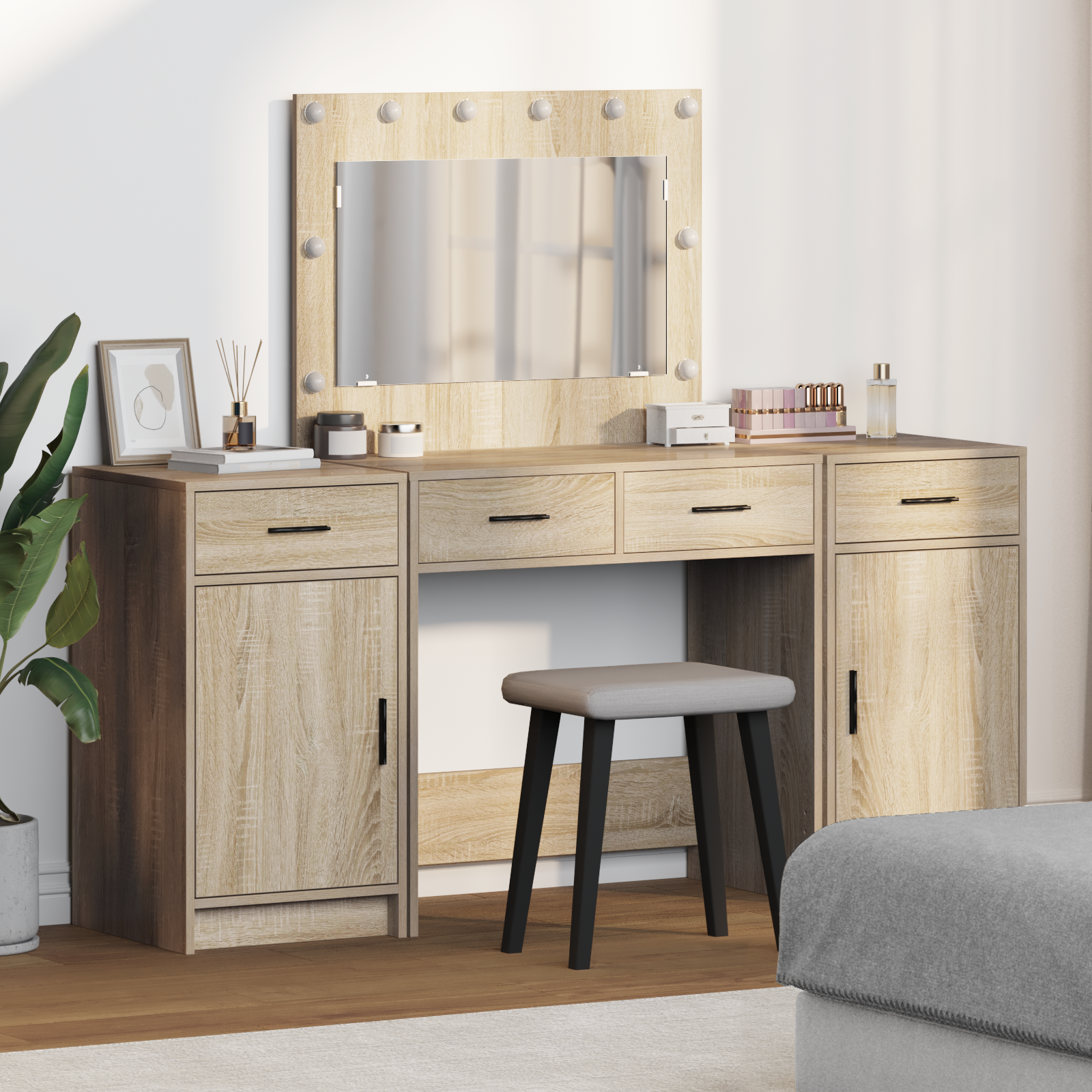 3 Piece Dressing Table Set with LED Sonoma Oak Engineered Wood