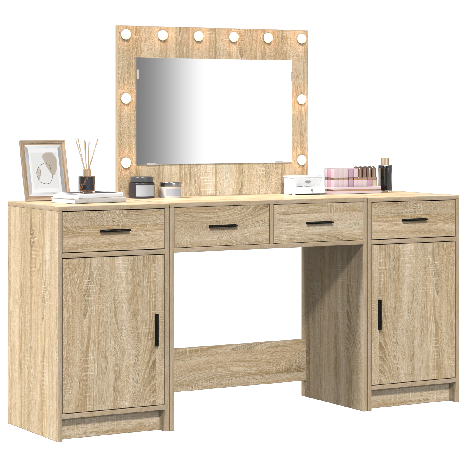 3 Piece Dressing Table Set with LED Sonoma Oak Engineered Wood - Image 3