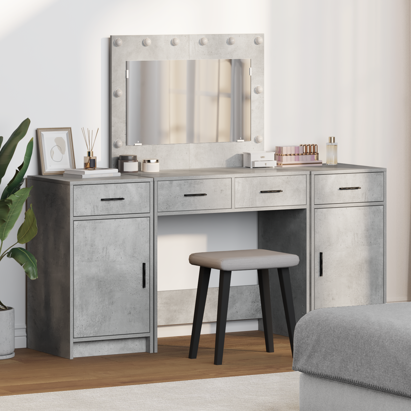 3 Piece Dressing Table Set with LED Concrete Grey Engineered Wood