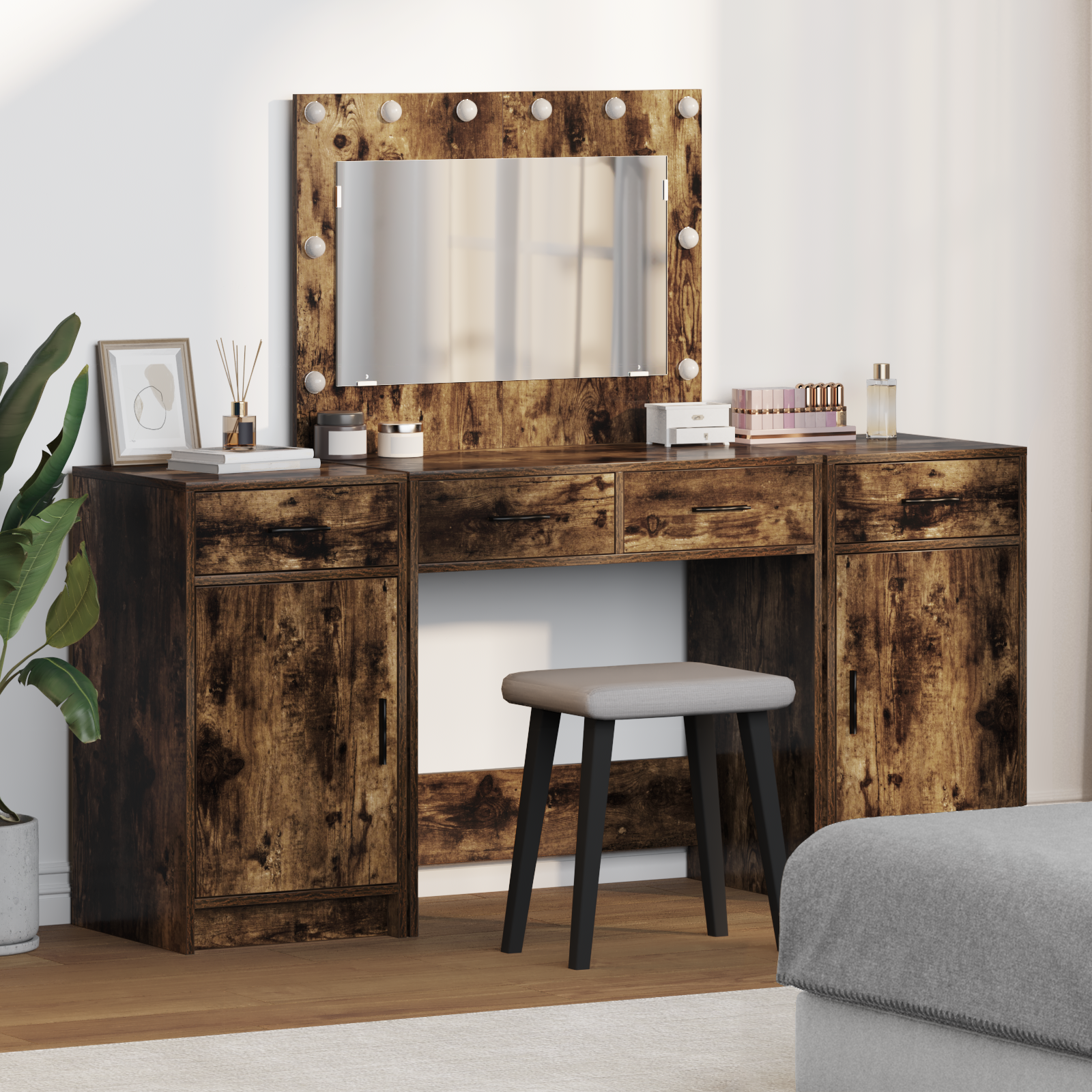 3-Piece Dressing Table Set with LED – Smoked Oak Engineered Wood