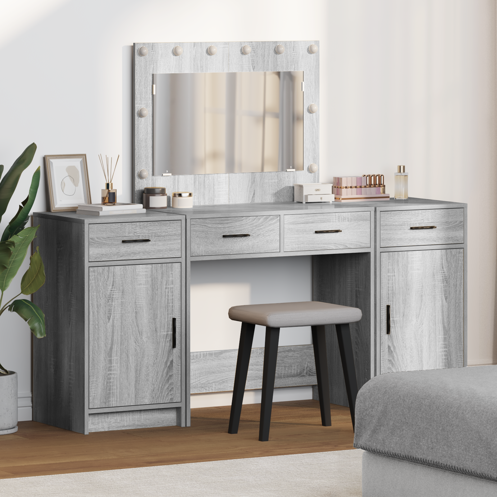 3 Piece Dressing Table Set with LED Grey Sonoma Engineered Wood