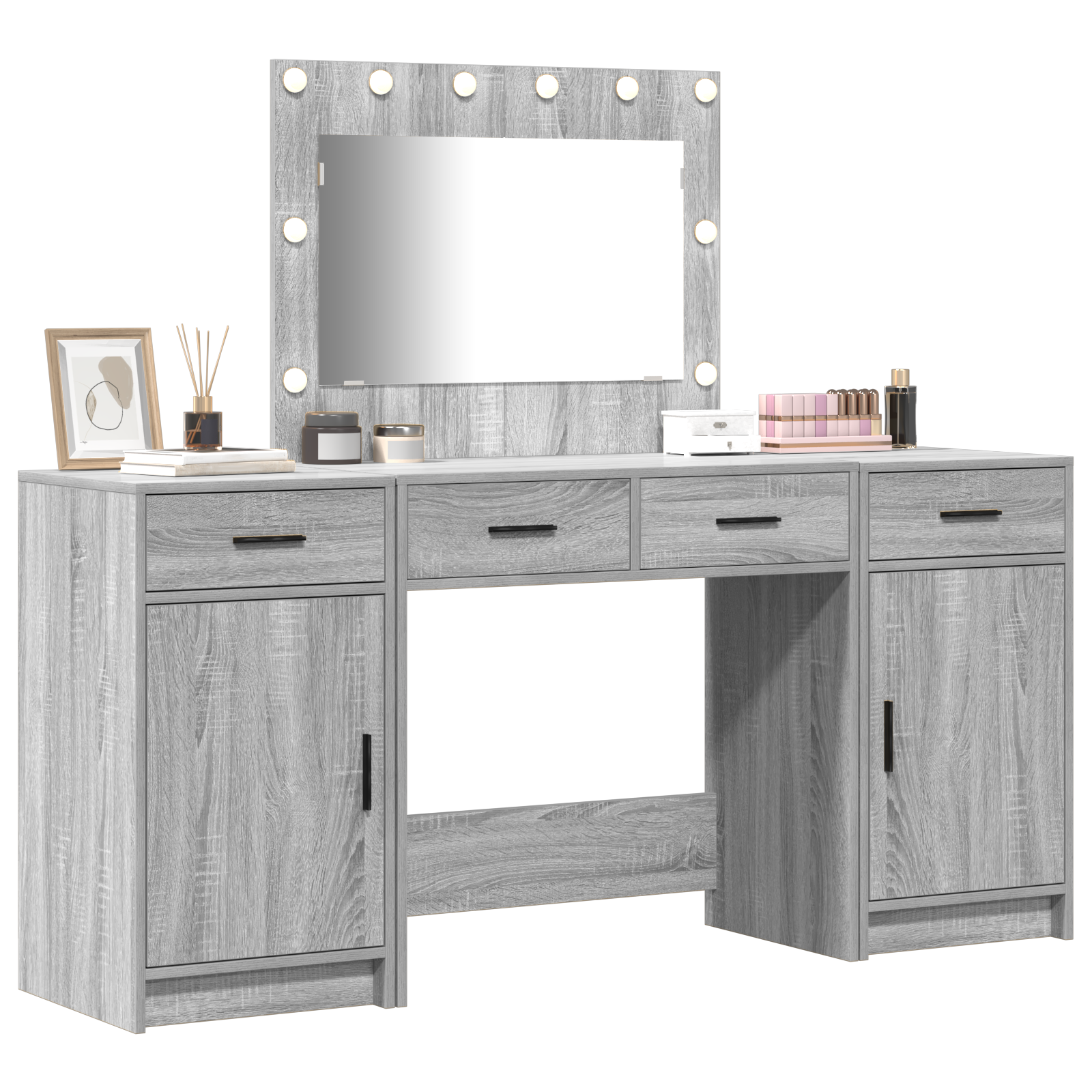 3 Piece Dressing Table Set with LED Grey Sonoma Engineered Wood - Image 3