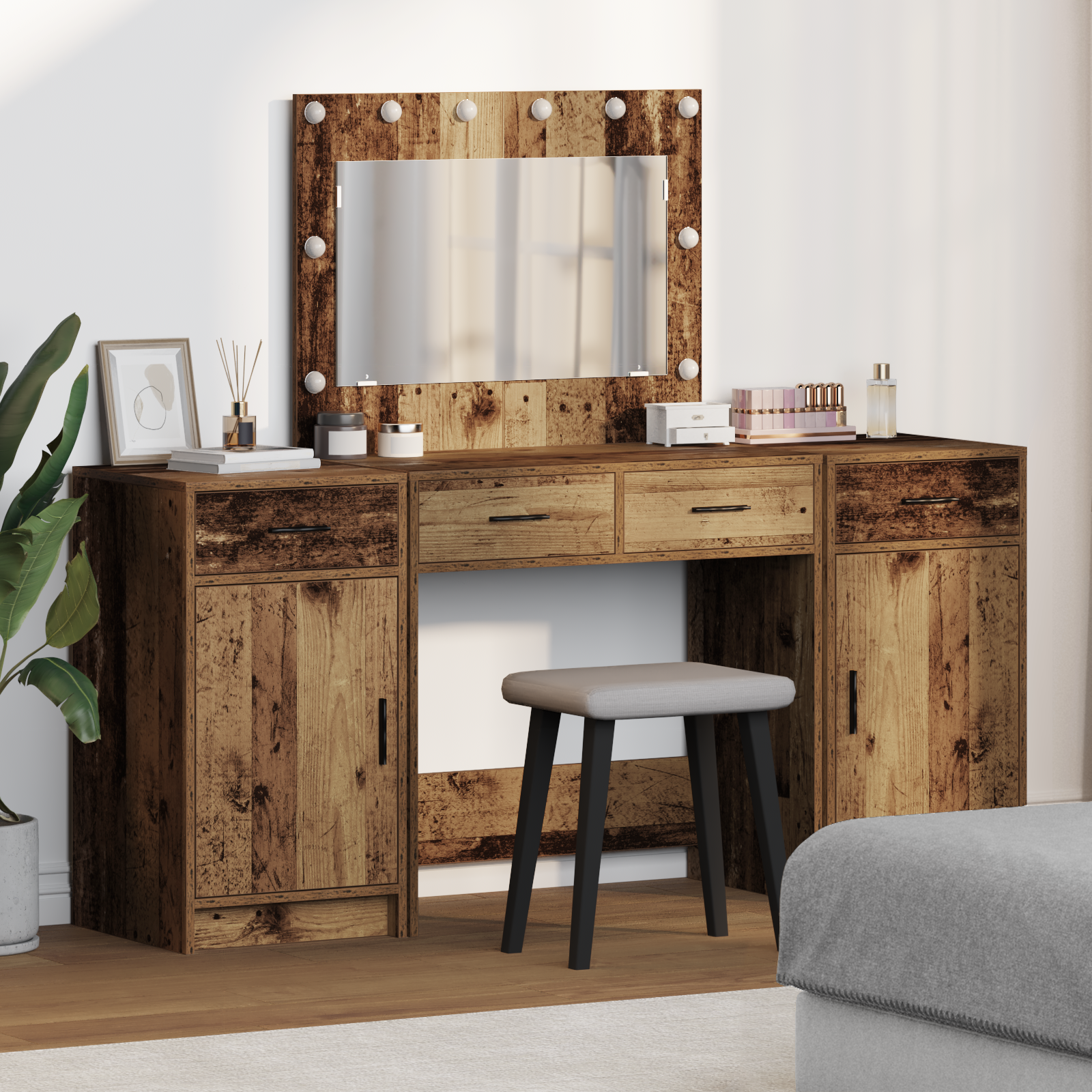 Thumbnail - vidaXL 3-tlg. Schminktisch-Set mit LED-Leuchten Vintage Holzwerkstoff
