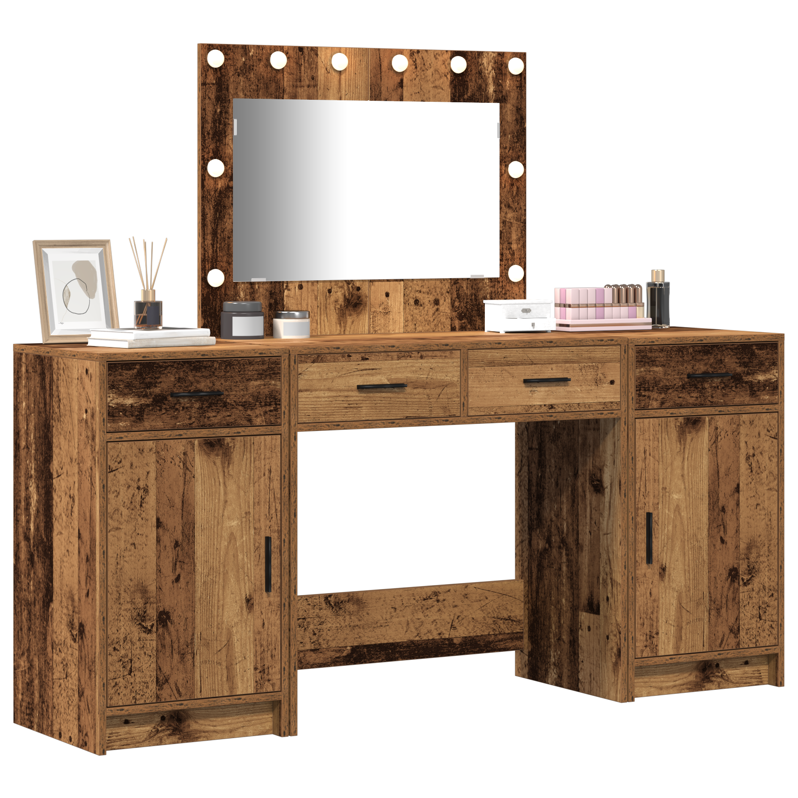 3-Piece Dressing Table Set with LED - Vintage Wood and Engineered Wood - Image 3