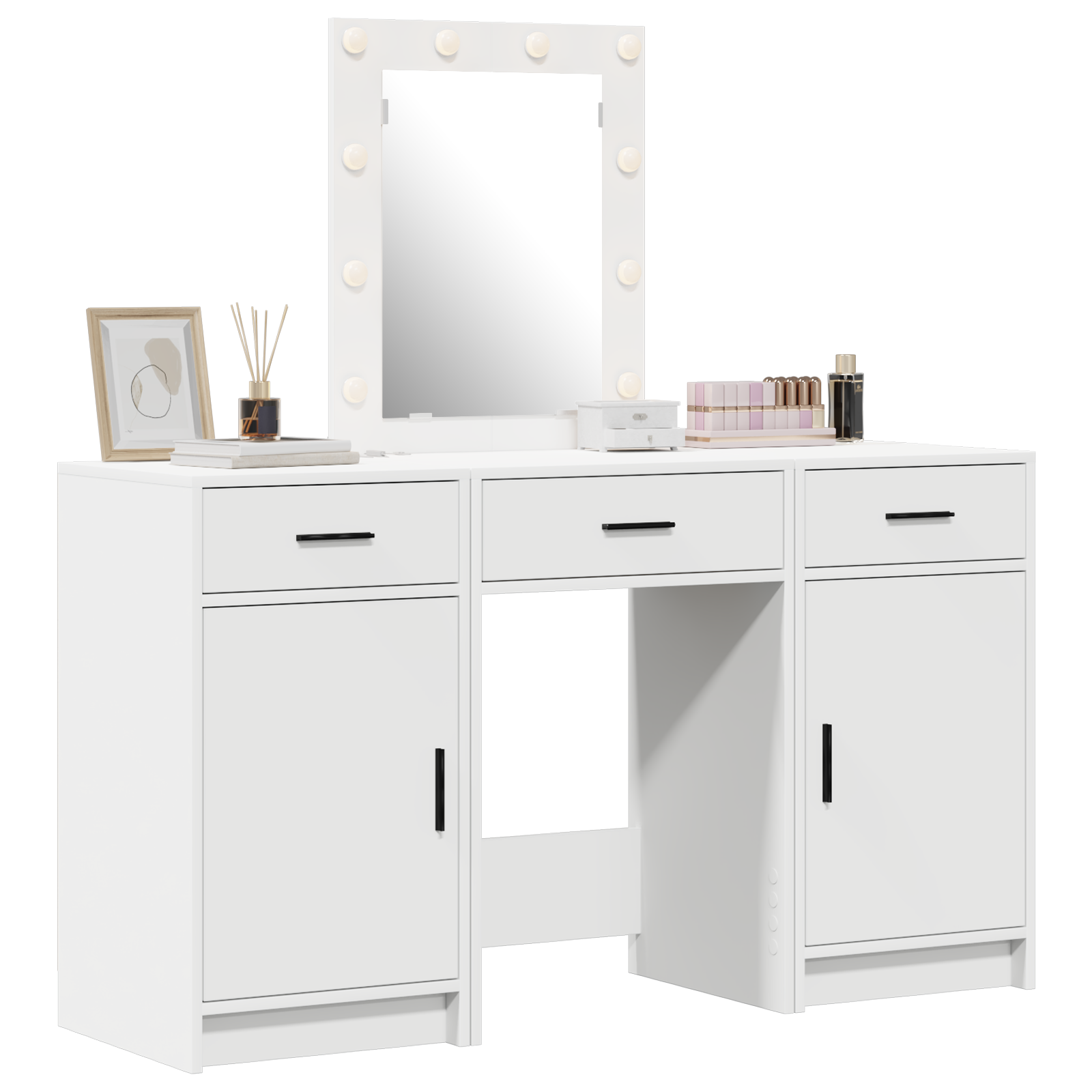 3 Piece Dressing Table Set with LED White Engineered Wood - Image 3