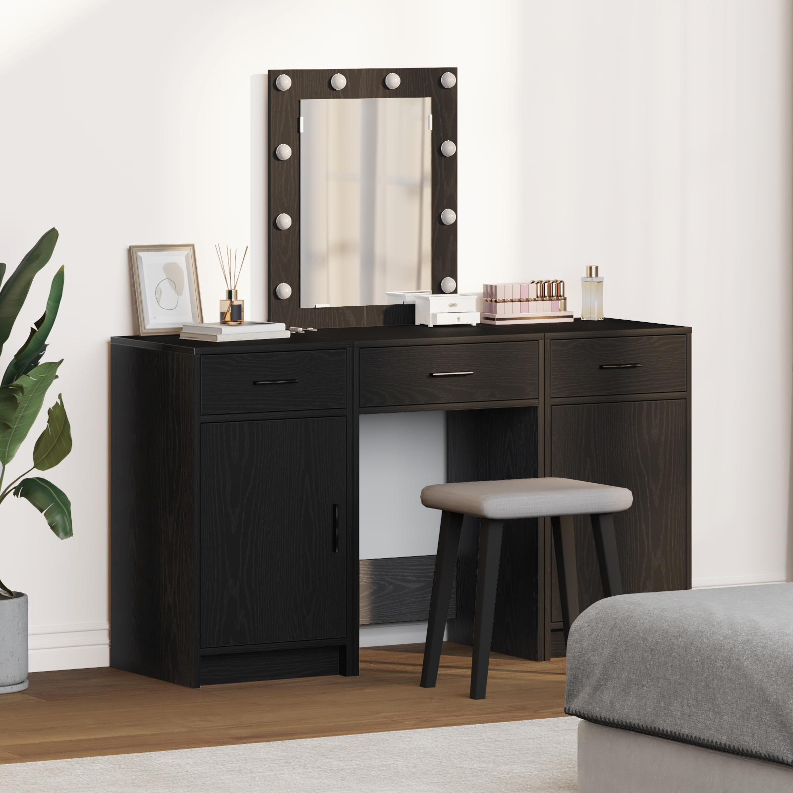 3 Piece Dressing Table Set with LED Black Engineered Wood