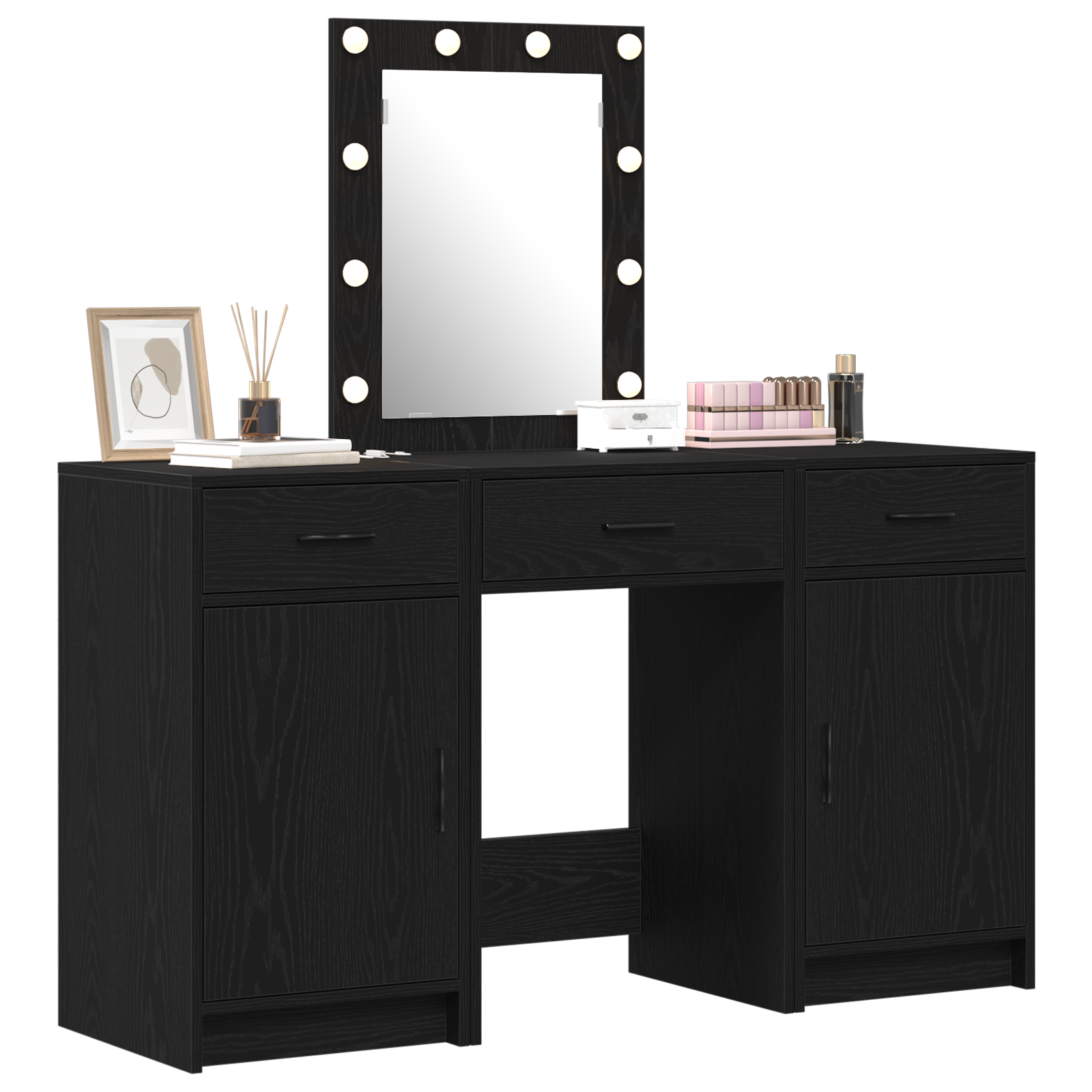 3 Piece Dressing Table Set with LED Black Engineered Wood - Image 3