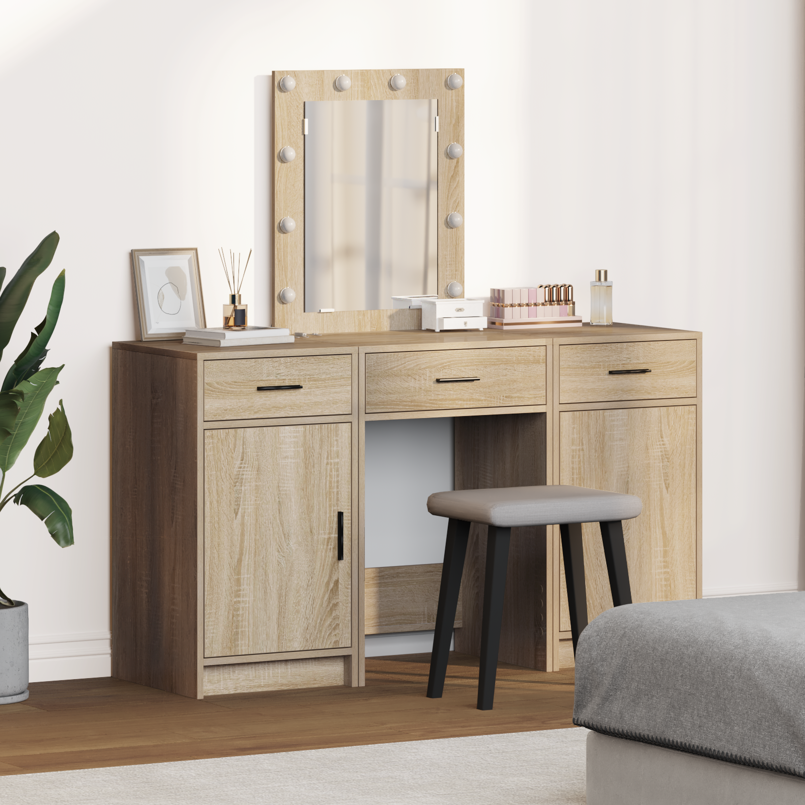 3 Piece Dressing Table Set with LED Sonoma Oak Engineered Wood