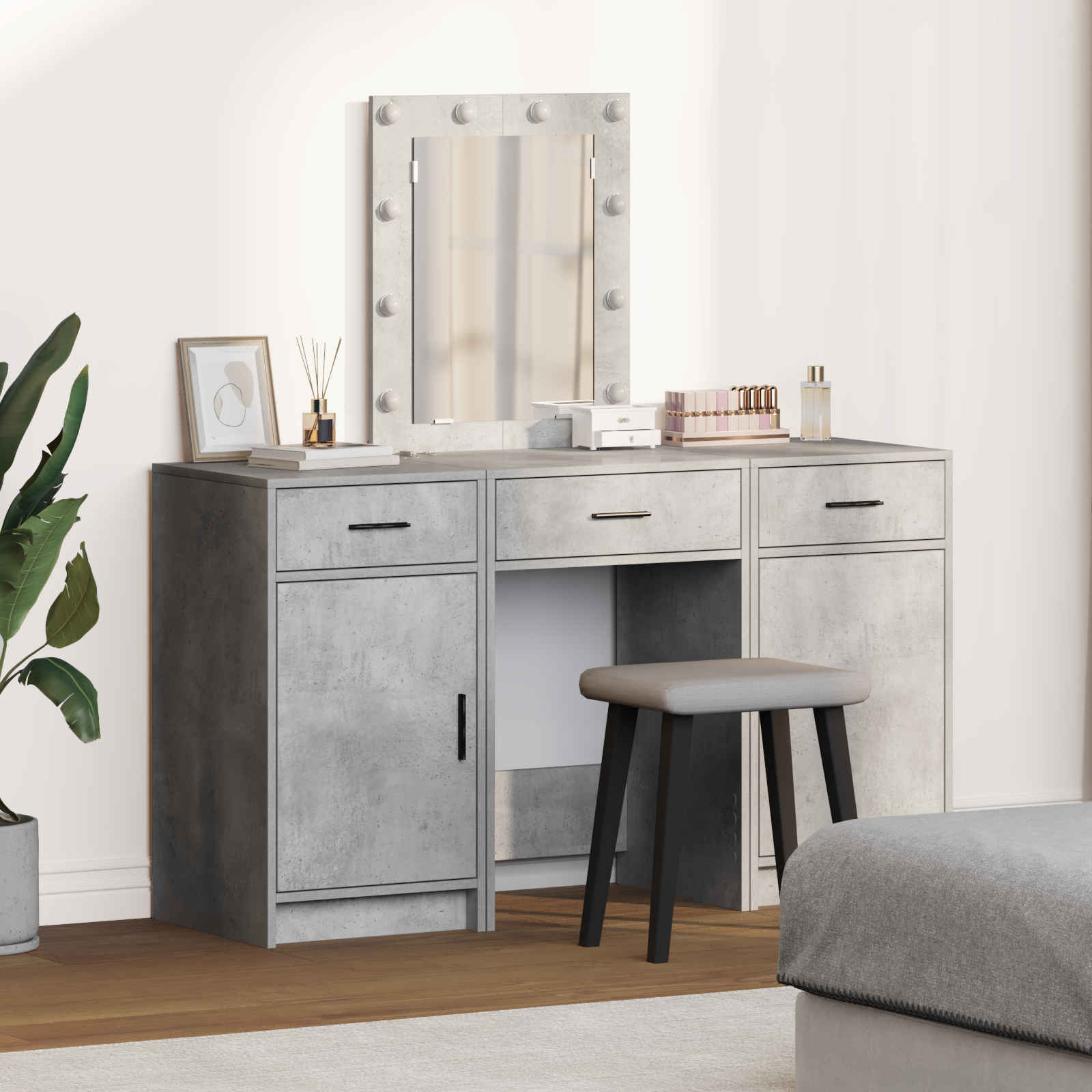 3 Piece Dressing Table Set with LED Concrete Grey Engineered Wood
