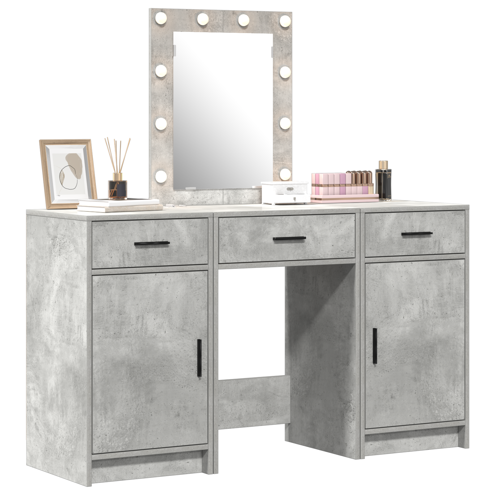 3 Piece Dressing Table Set with LED Concrete Grey Engineered Wood - Image 3
