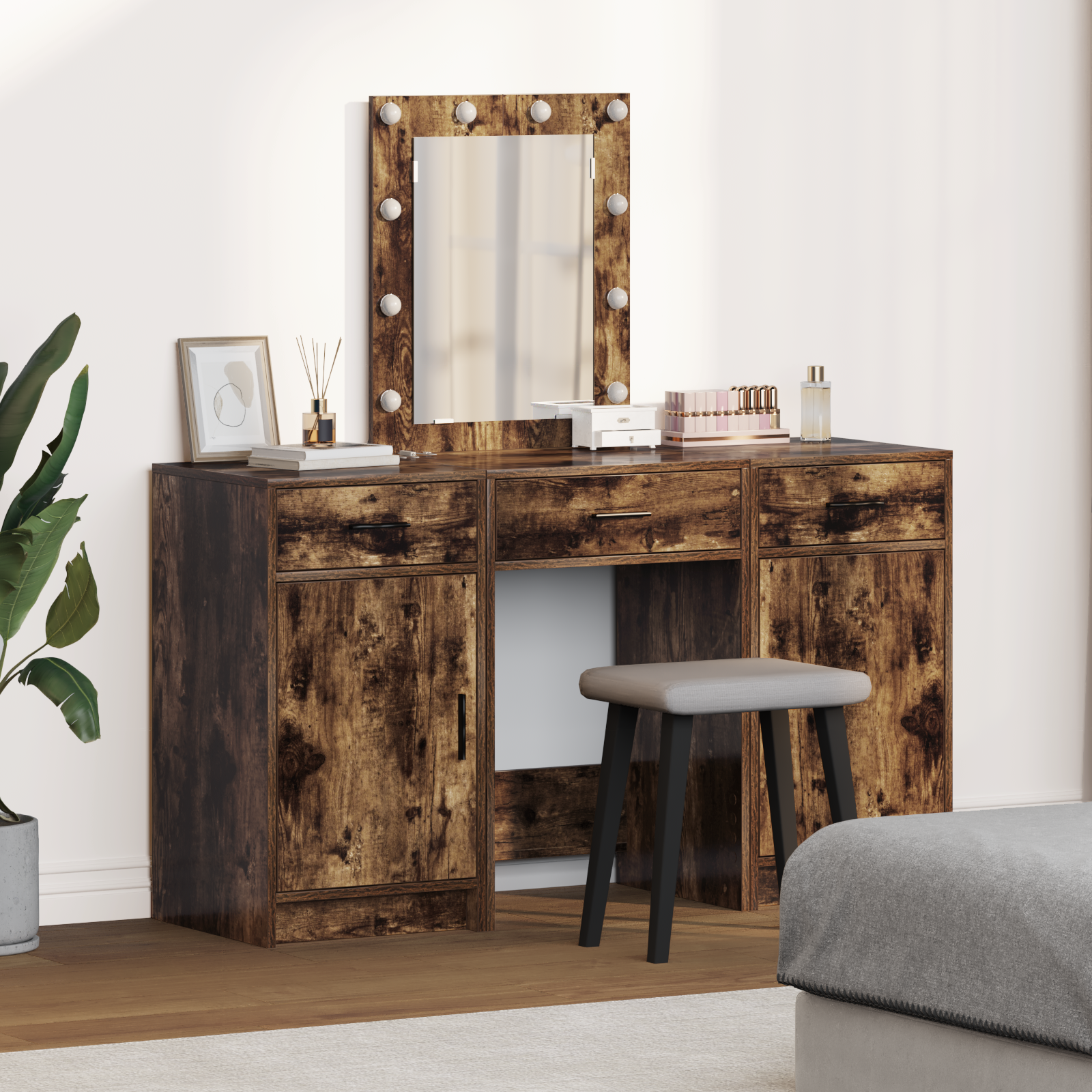 Dressing Table Set Set of 3 Smoked Oak Engineered Wood Storage