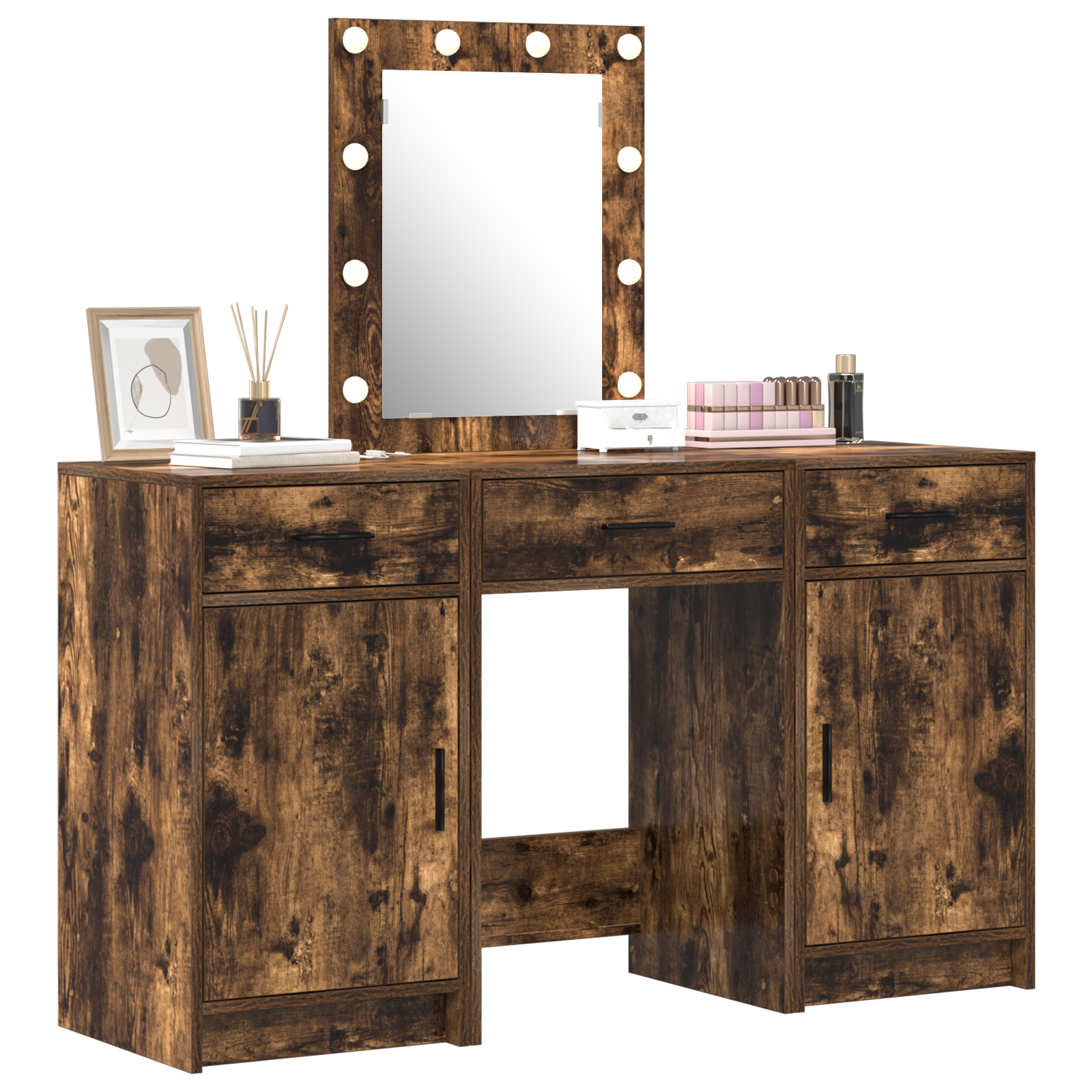 Dressing Table Set Set of 3 Smoked Oak Engineered Wood Storage - Image 3