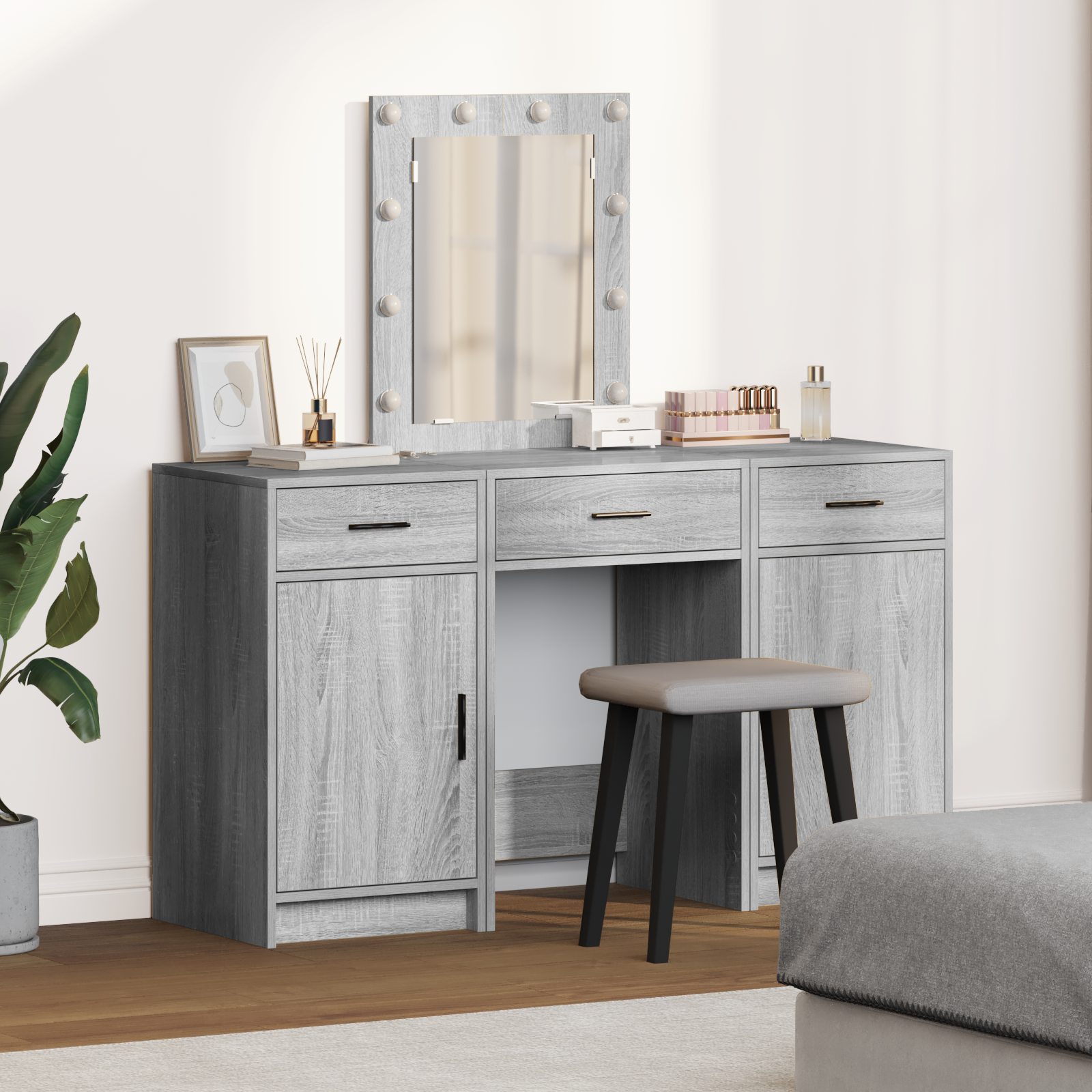 3 Piece Dressing Table Set with LED Grey Sonoma Engineered Wood