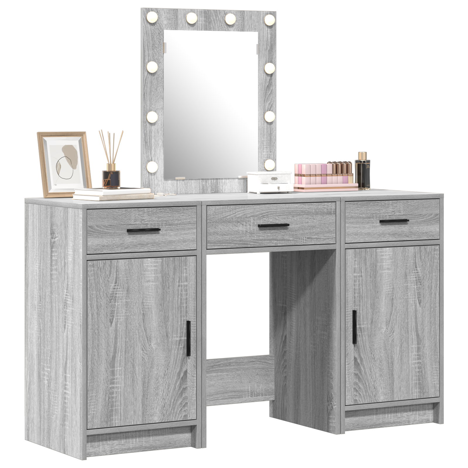 3 Piece Dressing Table Set with LED Grey Sonoma Engineered Wood - Image 3