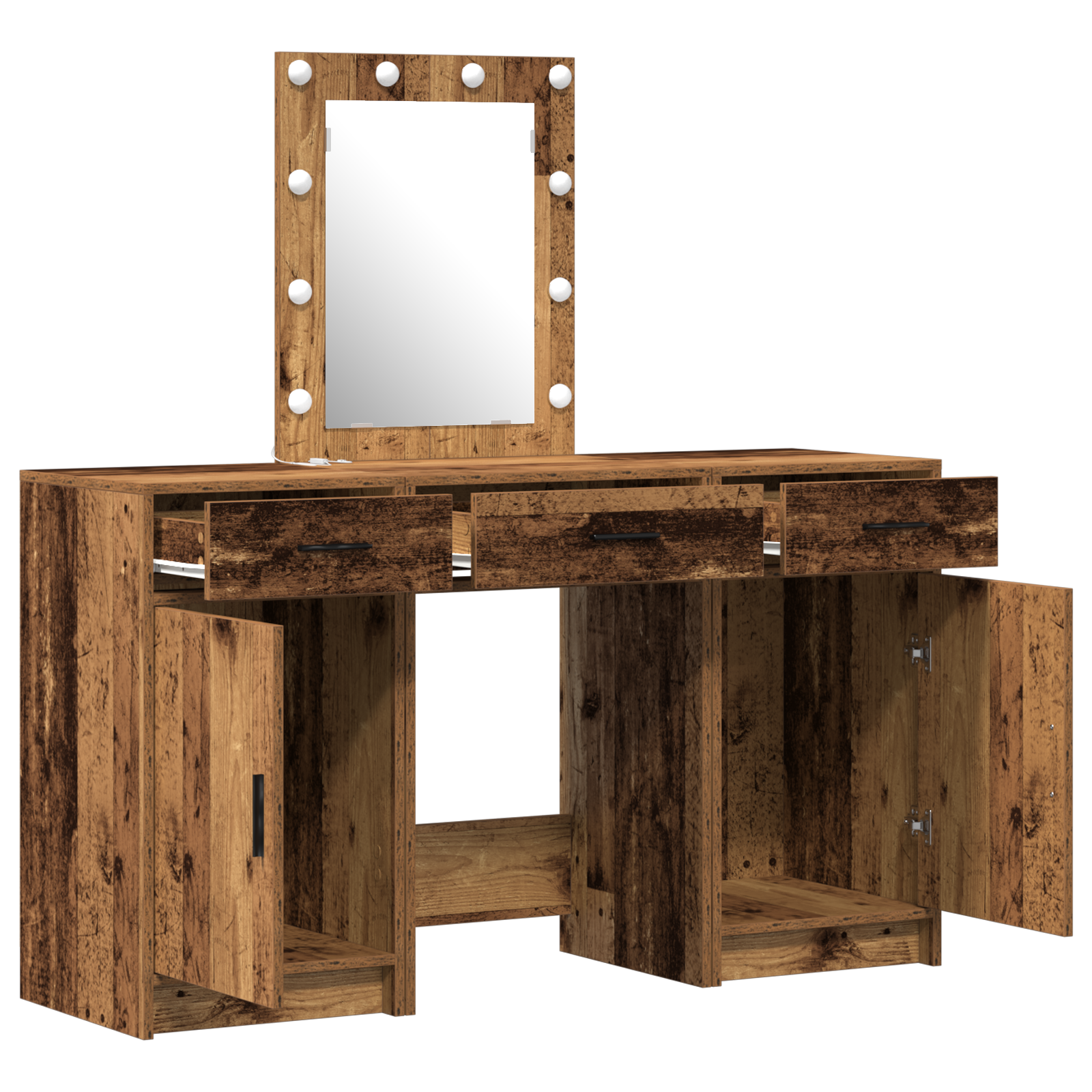 3-Piece Dressing Table Set with LED - Old Wood Engineered Wood - Image 5