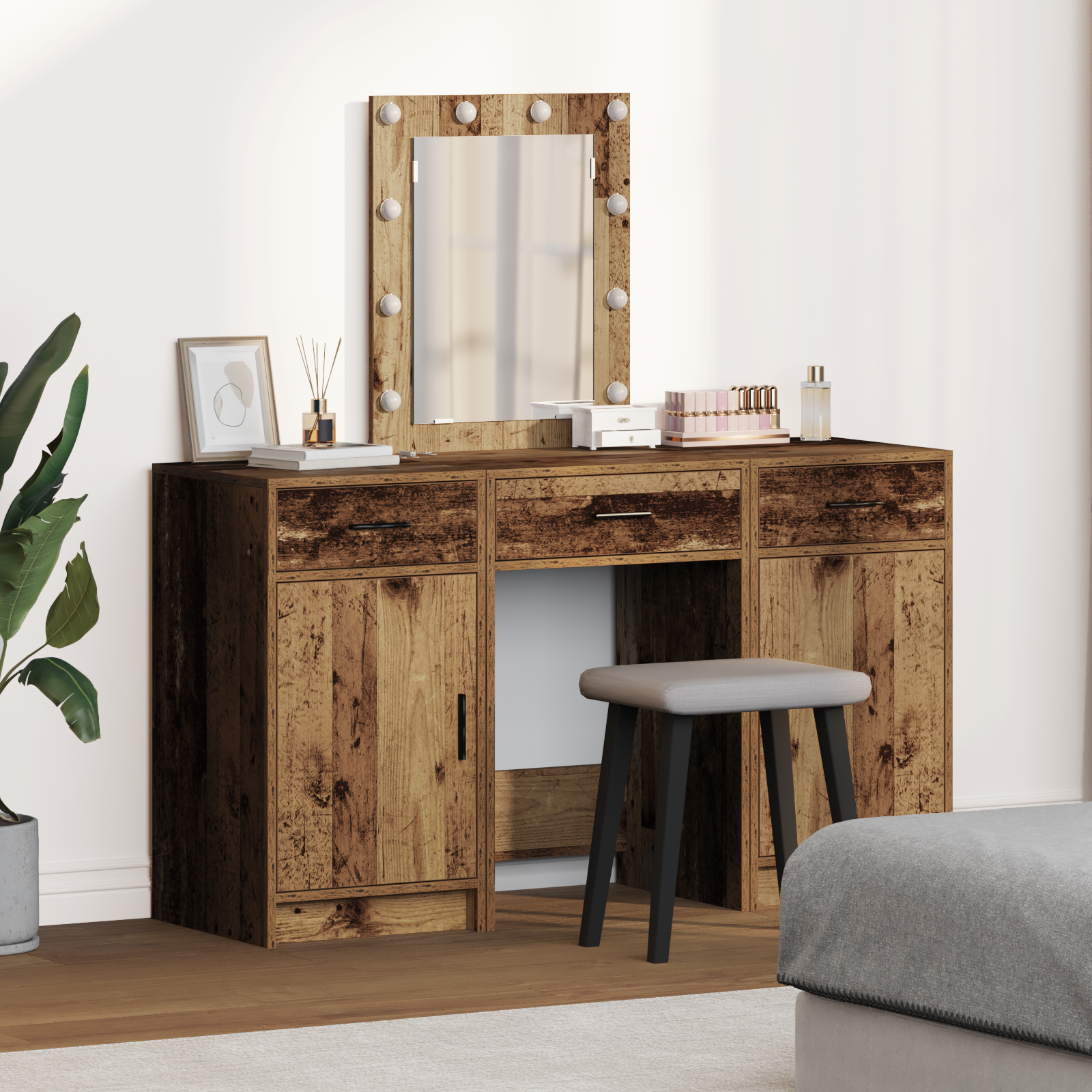3-Piece Dressing Table Set with LED - Old Wood Engineered Wood