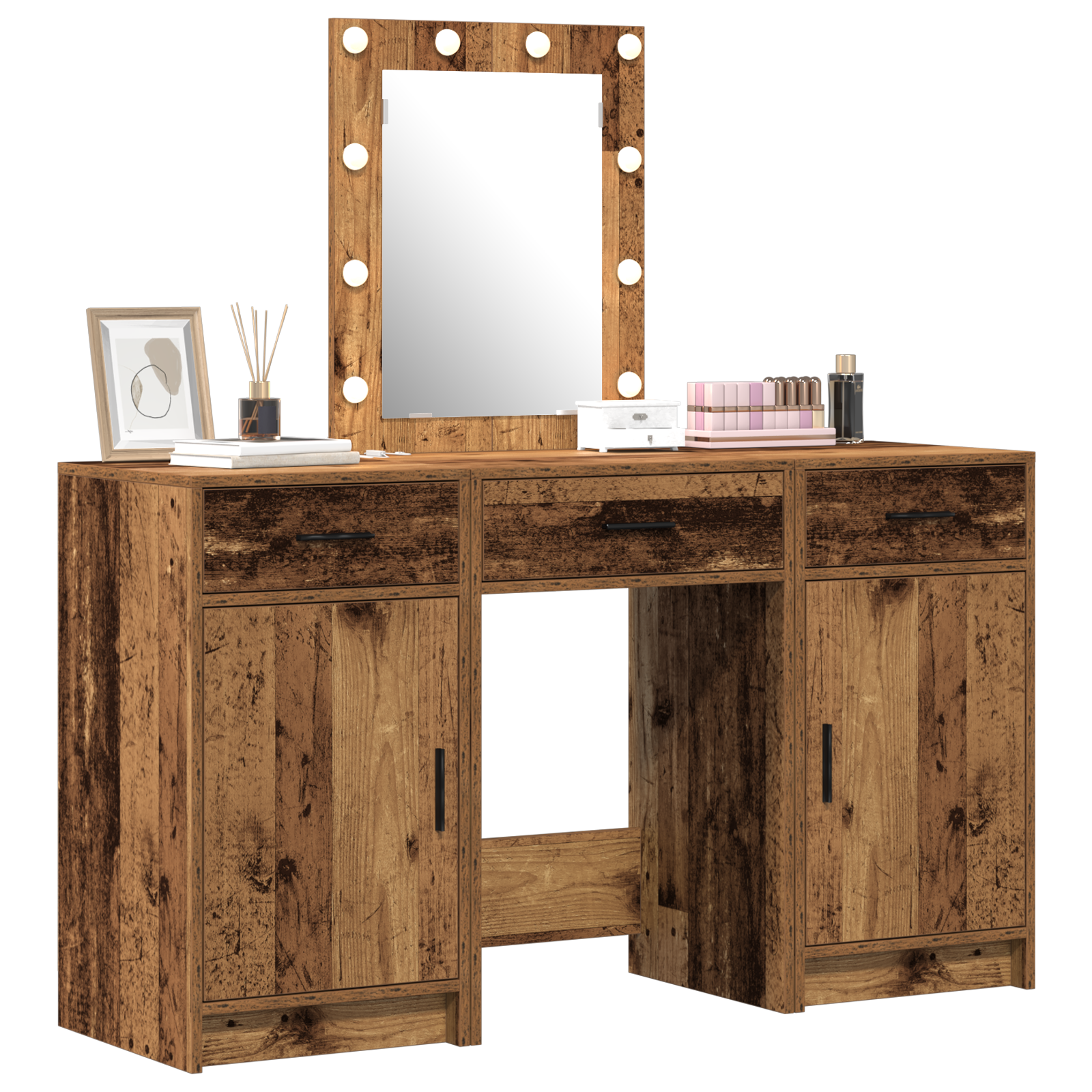 3-Piece Dressing Table Set with LED - Old Wood Engineered Wood - Image 3