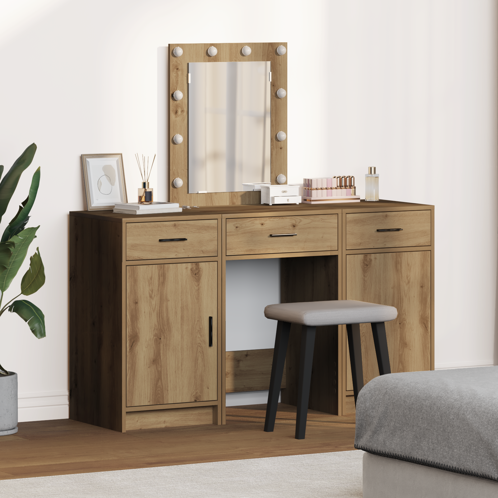 3 Piece Dressing Table Set with LED Artisan Oak Engineered Wood