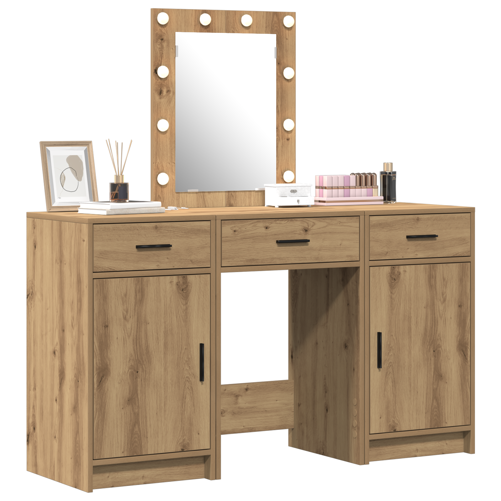 3 Piece Dressing Table Set with LED Artisan Oak Engineered Wood - Image 3