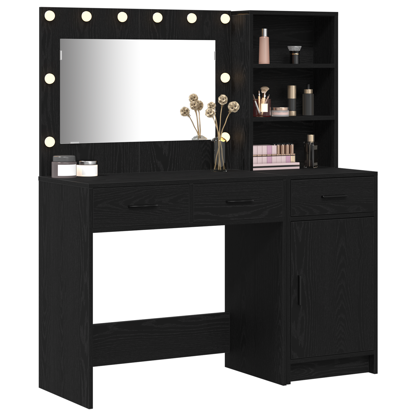 2 Piece Dressing Table Set with LED Black Engineered Wood - Image 3