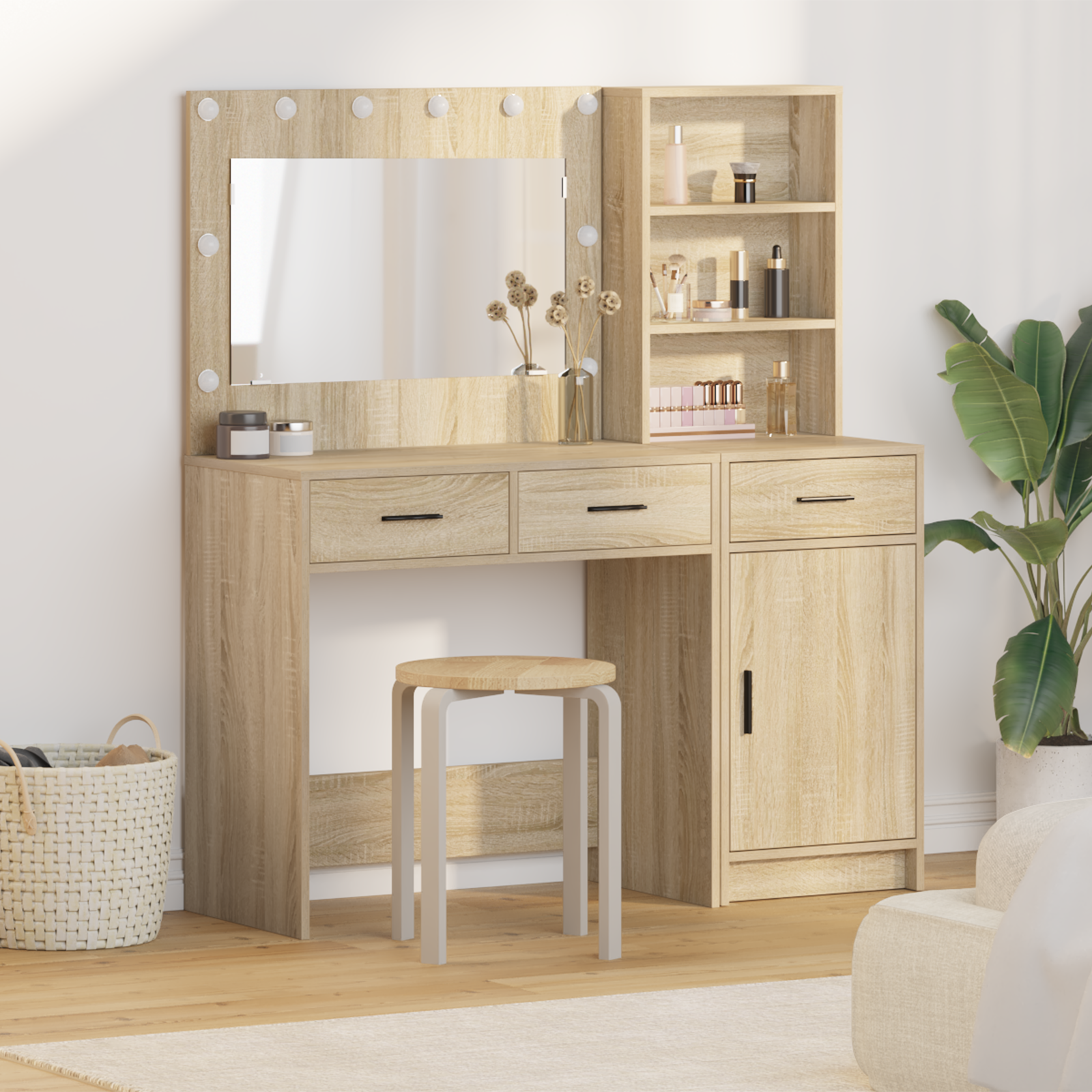 2-Piece Dressing Table Set with LED Sonoma Oak Engineered Wood
