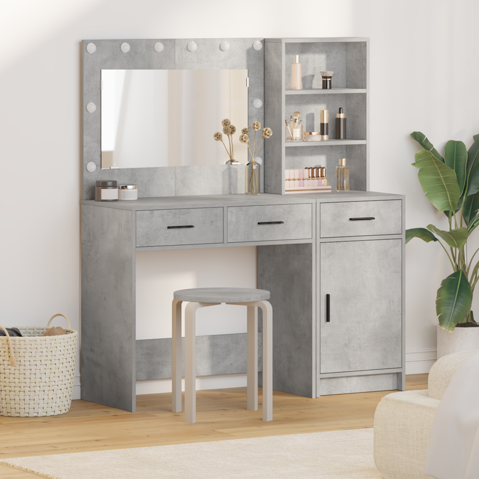 2 Piece Dressing Table Set with LED in Concrete Grey Engineered Wood