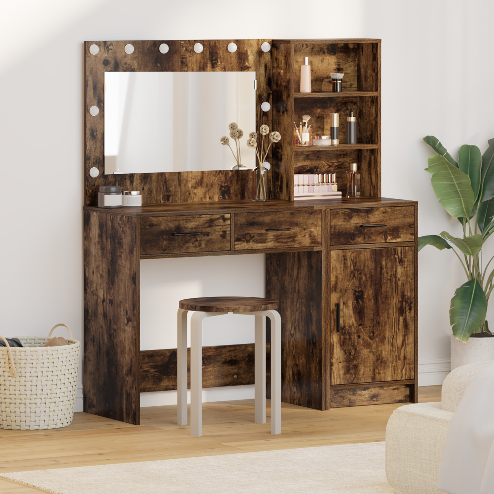 2 Piece Dressing Table Set with LED Smoked Oak Engineered Wood