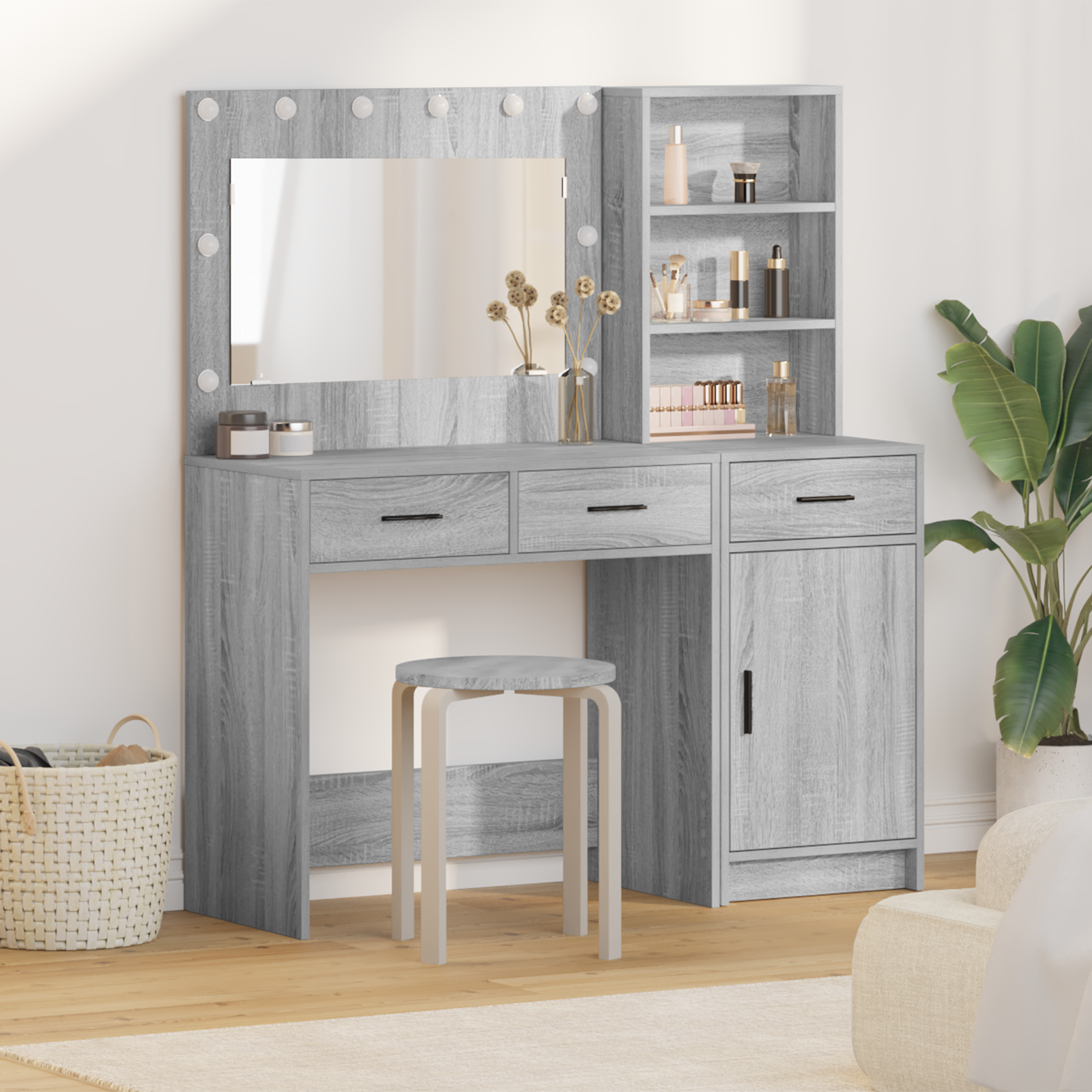 2 Piece Dressing Table Set with LED Grey Sonoma Engineered Wood